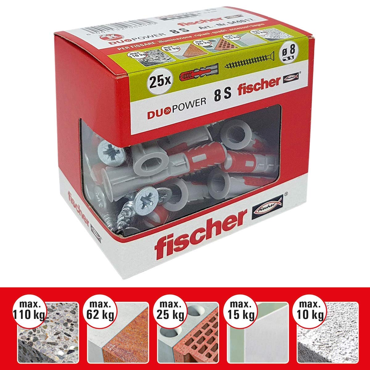 Fischer 508697 Kit di Fissaggio carichi Pesanti T-Bond Ancorante Chimico con Barre Filettate e Tasselli a Rete, Resina & 25 Tasselli Duopower con Vite, 8 x 40 mm, per Muro pieno, Mattone Forato