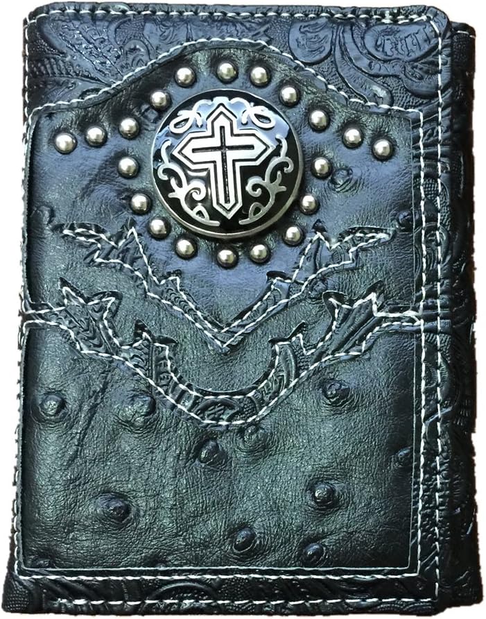 2015 New Design, Concho Cross Emblem with Beads Trifold Wallet. Ostrich Black.