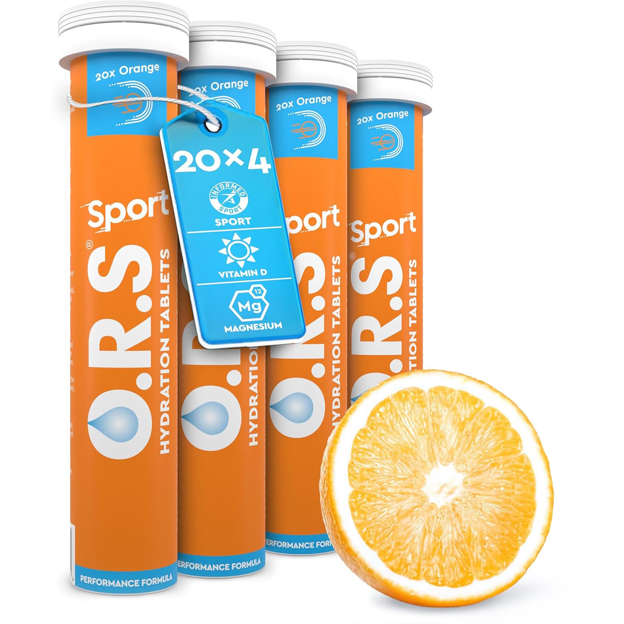 O.R.S Sports Hydration Tablets - Orange 4 Tubes | for Athletes, Running & Endurance | Oral Electrolyte Replacement Salts for Rehydration & Post-Workout Recovery | Vegan, Gluten-Free & Low Calorie