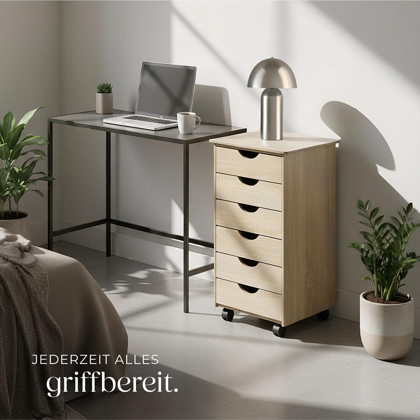 tectake® Rollcontainer mit Schubladen, Schubladenschrank 6x Schublade, mit Rollen, Büro Organizer, Schreibtisch Schrank, Rollwagen Unterschrank, Aufbewahrungsschrank Office - Holz hell, Eiche Sonoma