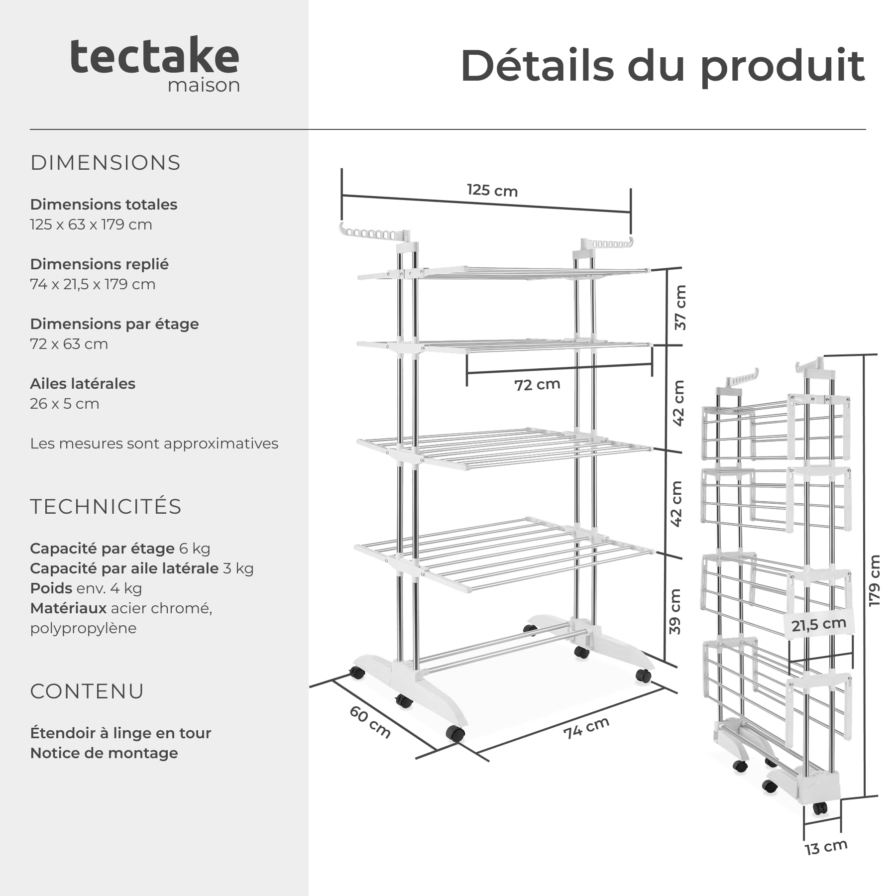 tectake® Séchoir à Linge en Tour Pliable, 125 x 63 x 179 cm, 4 étages et 32 tringles, 6 roulettes Doubles, 2 Ailes latérales pivotantes, Système d'emboîtement, Etendoir Linge Interieur & Extérieur