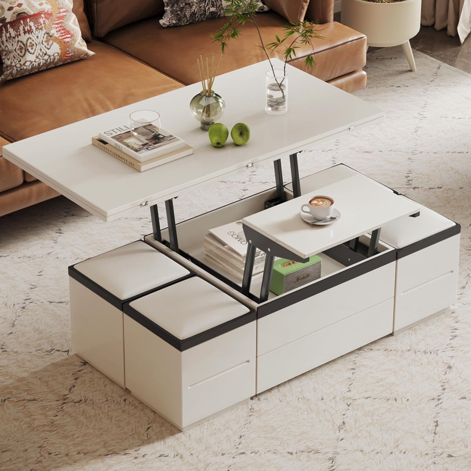 Mesa de centro plegable con taburetes – 5 en 1 multifunción diseño moderno con parte superior elevable para sala de estar, mesa de comedor extensible con ruedas giratorias, solución de muebles que