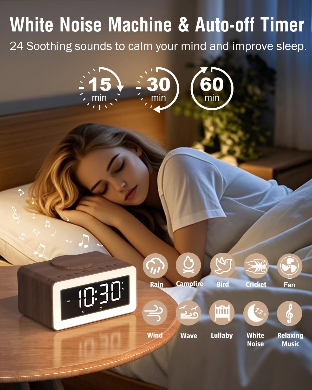 Alarm Clock with Wireless Charging, Bluetooth Speaker, White/Brown Noise Sound Machine Night Light, Wooden Digital Alarm Clocks for Bedrooms, Wireless Charger for iPhone, Birthday Gifts for Men Women - Image 6