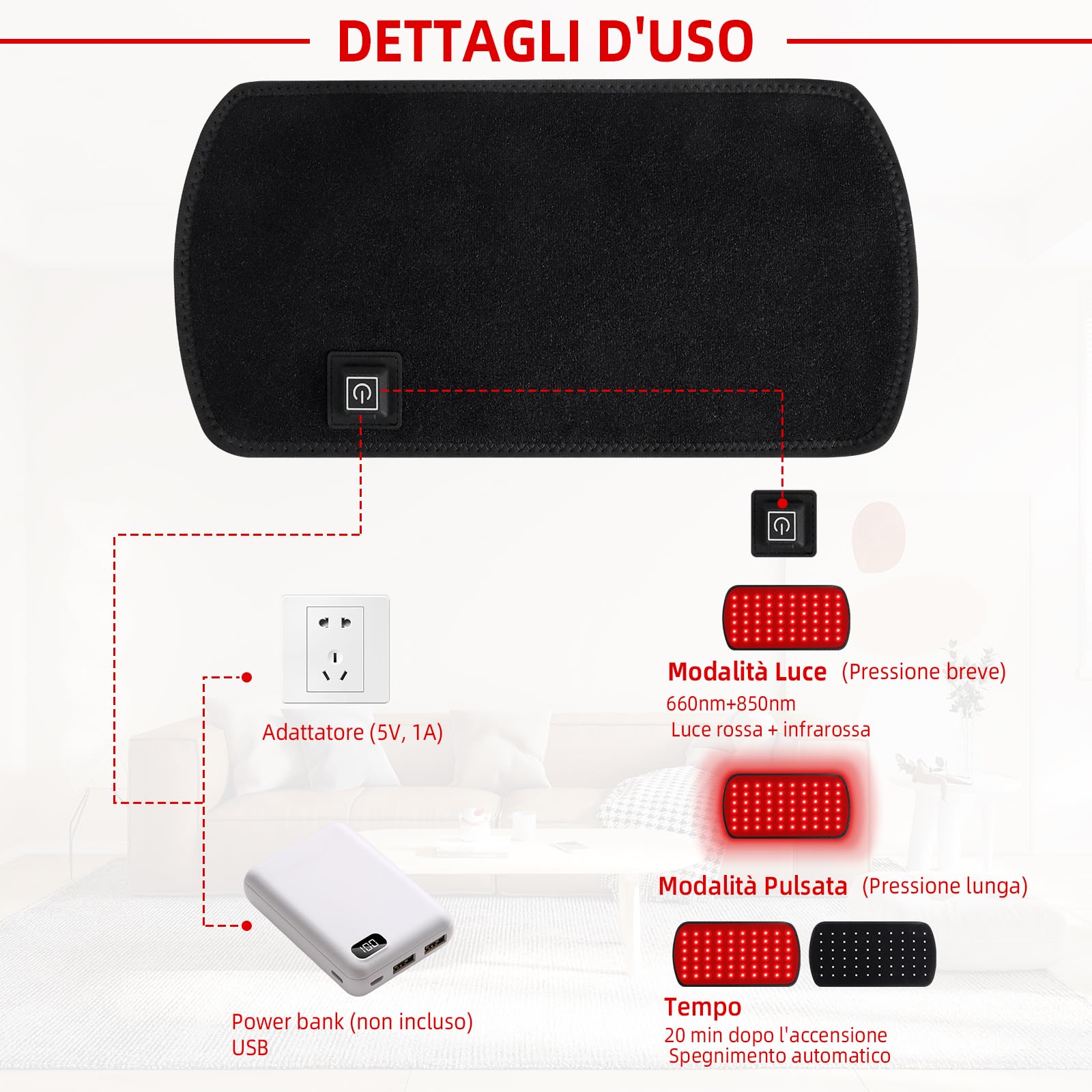 Fascia Terapia a Luce Rossa, Luce Infrarossa Corpo, LED Triple-Chip 660nm 850nm, Fascia Riscaldante Schiena e Ginocchia, Dispositivo Portatile, Regalo Benessere Uomo Donna