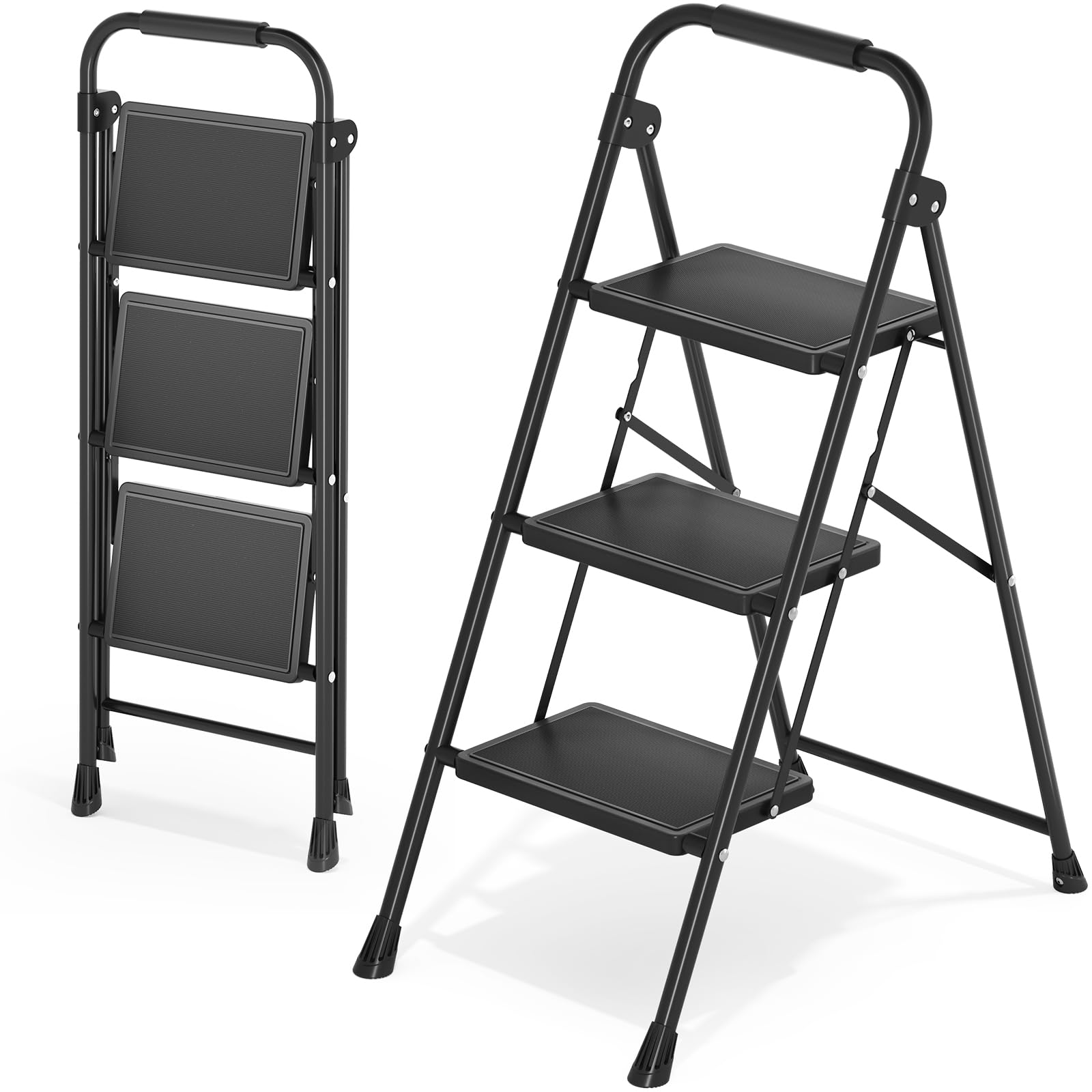 KINGRACK Escada dobrável de 3 degraus com corrimão para cozinha, preto | Pedal