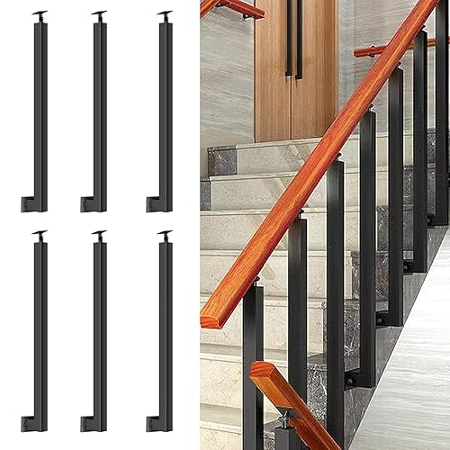 Miniatura 46 de 42/40/38/36/34in Square Stair Baluster Posts- 270° Adjustable Metal Railing Spindles with Flat Bracket Base and Screws Kits; Iron Posts are Suitable