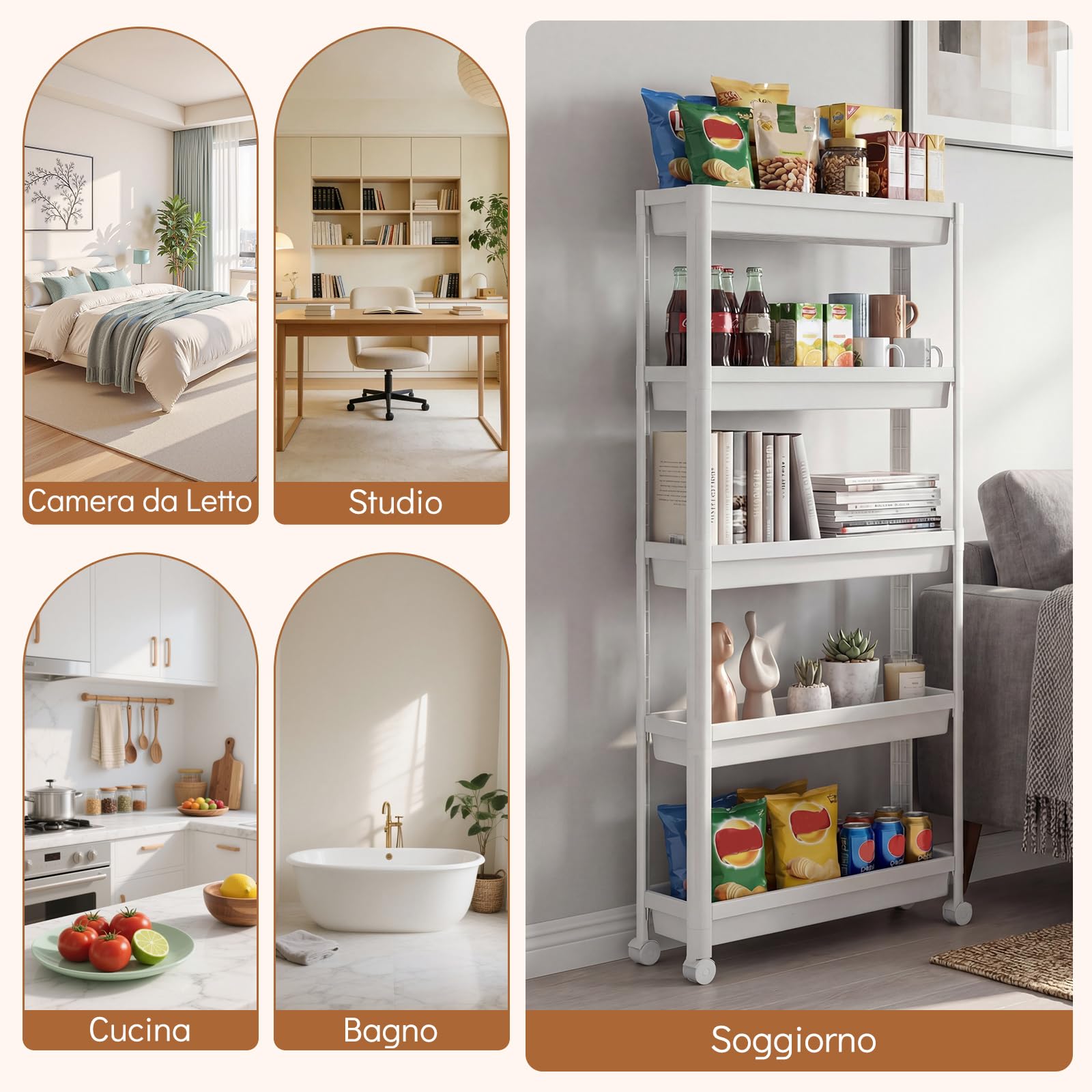 COSTWAY Carrello di Stoccaggio con Vassoi, Organizzatore da Bagno a Ripiani Aperti con Maniglie e Ruote, Carrello Sottile Salvaspazio per Cucina Lavanderia e Ufficio (5 ripiani,Bianco)