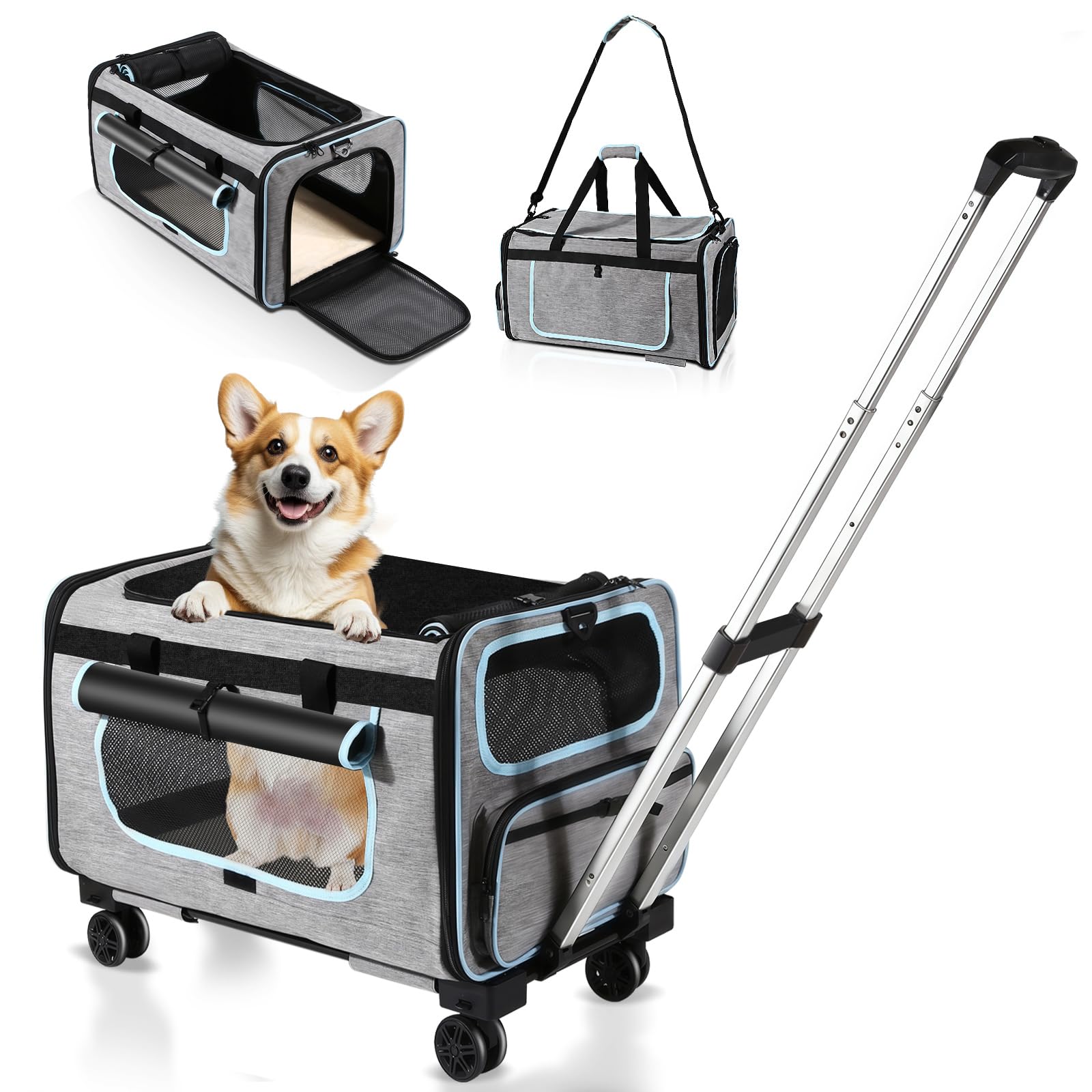 Transportín Mascotas con Ruedas para Gatos y Perros, Bolso Transportador con Ruedas Desmontables & Correa de Hombro, Transportador Portátil para Viajes Al Aire Libre y en Coche (Máx. 20KG)