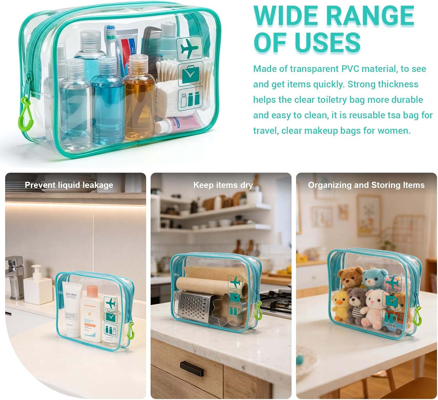 TSA Approved Toiletry Bag, 2pcs Clear Makeup Bags Quart Size Travel Makeup Cosmetic Bag, for Women and Men, Carry on Airport Airline Compliant Bag (Blue,M)