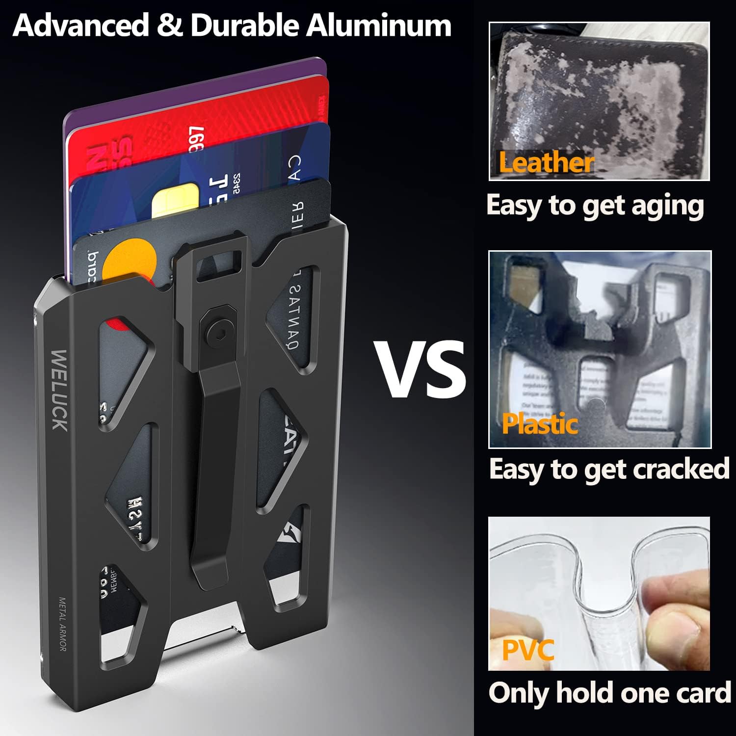 Badge Holder, Durable Aluminum ID Card Holder Wallet by WELUCK, 4 Cards/ID Badges Holder with Lanyard and Metal Clip, for Business Office Work Police Gift Outdoor (Black01)