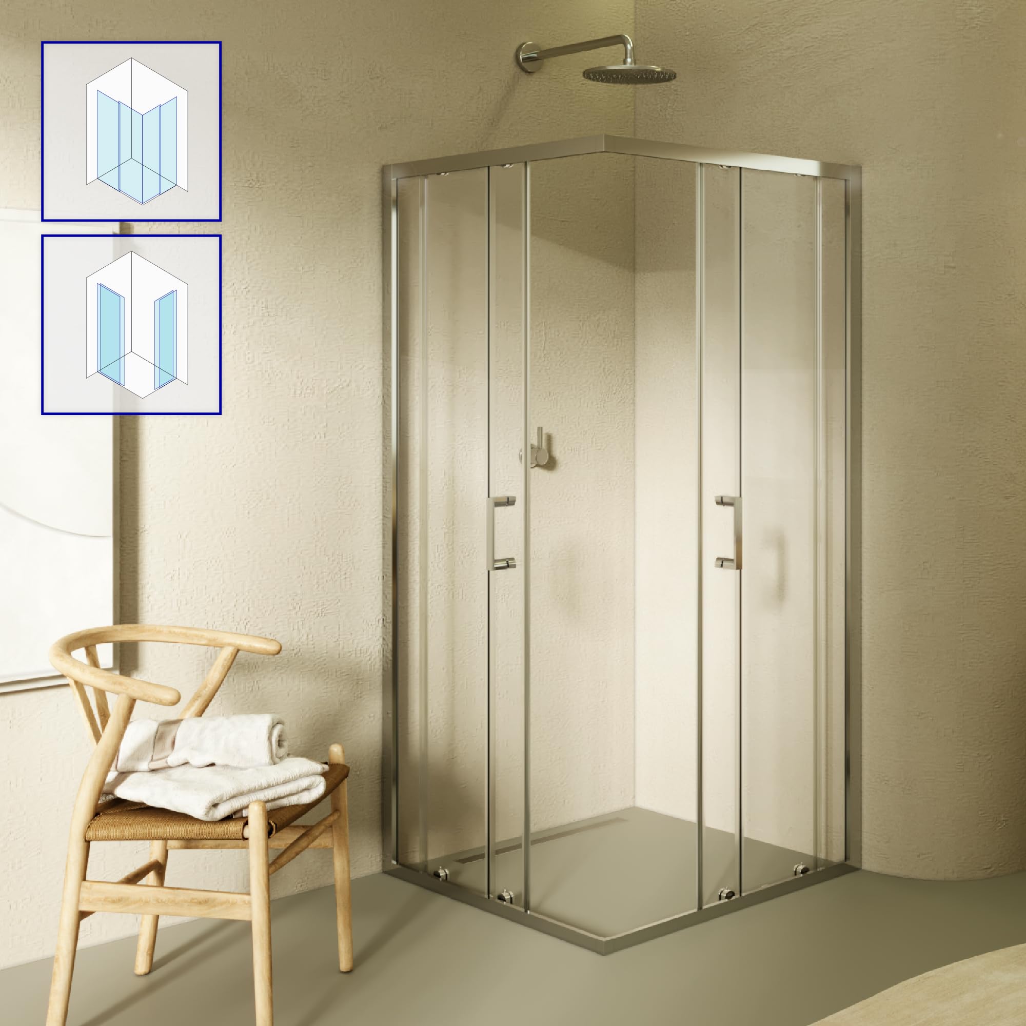 Mampara de Ducha Diana 70x140x190cm, REVERSIBLE, Puertas Correderas, Ajuste 67.5-69.5x137.5-139.5cm, Perfiles Cromados, Cristal Templado Transparente 6mm