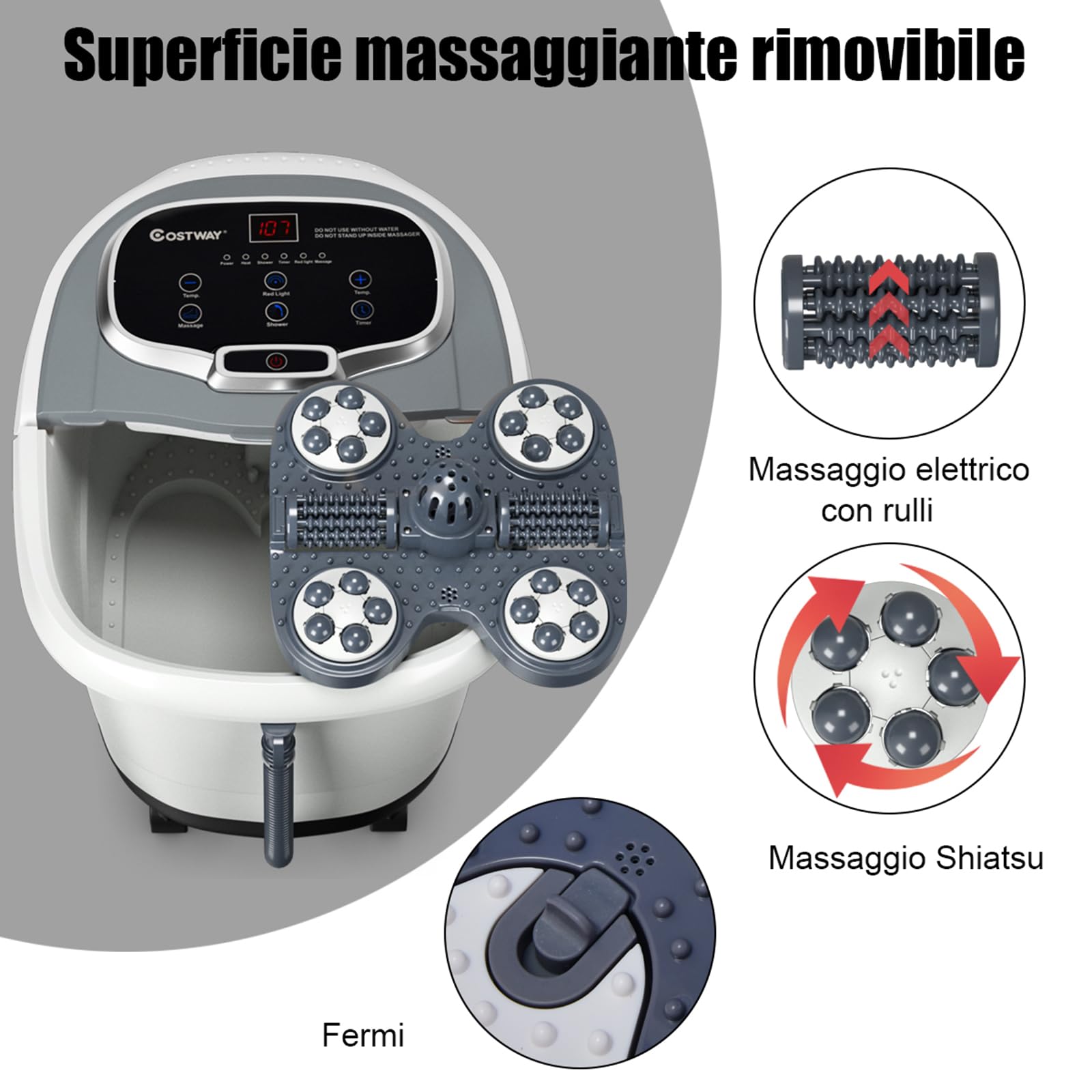 COSTWAY Idromassaggio per Piedi, Pediluvio Massaggiatore Plantare Massaggio Shiatsu, con Funzione Calore Timer e Rulli Luce a Infrarossi, 15L Idromassaggiatore (Grigio)