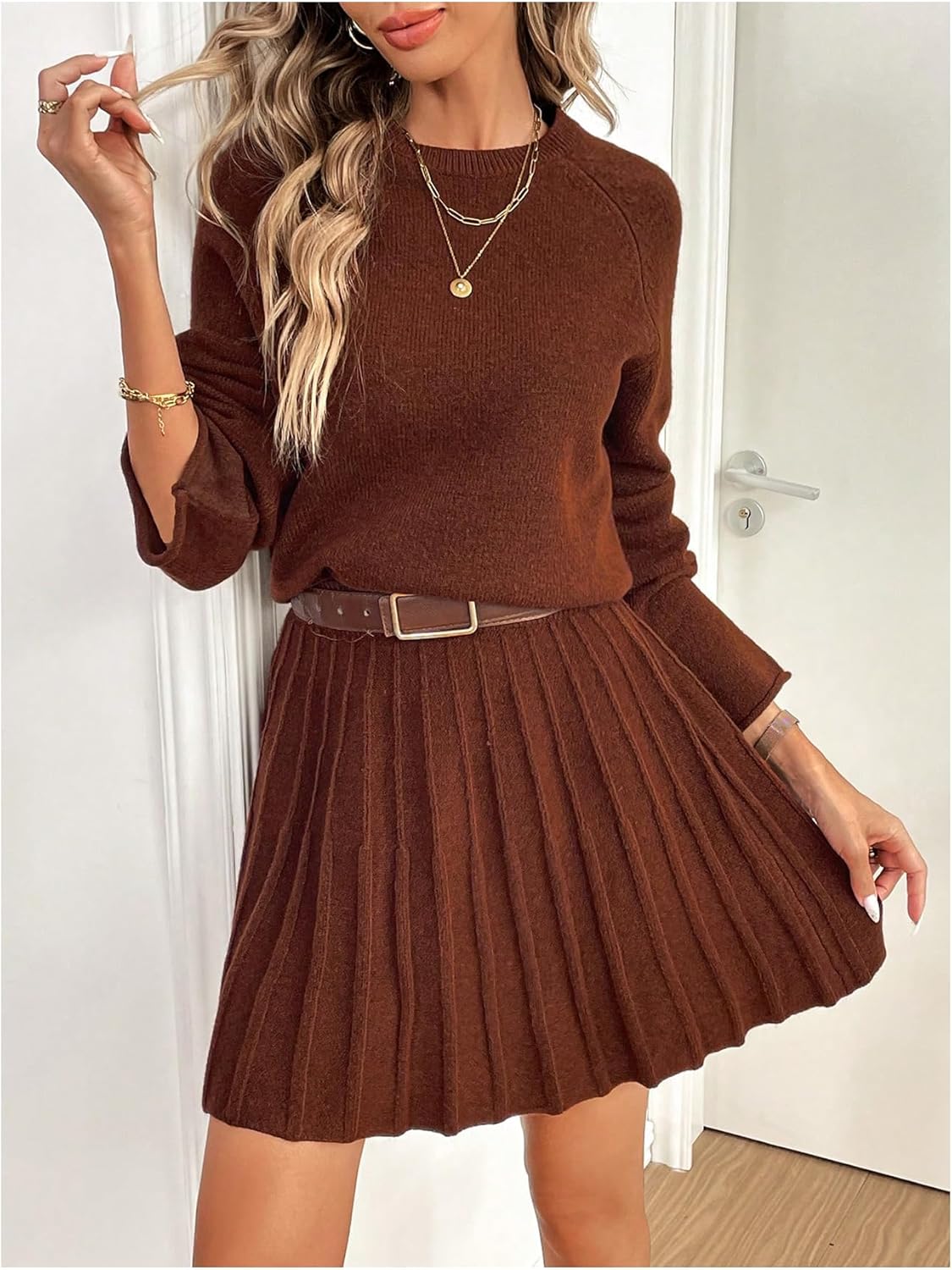 Verdusa Women's 2 Piece Cozy Sweater Sets Pullover Sweaters with Pleated Skirt Early Fall Outfits - Image 3