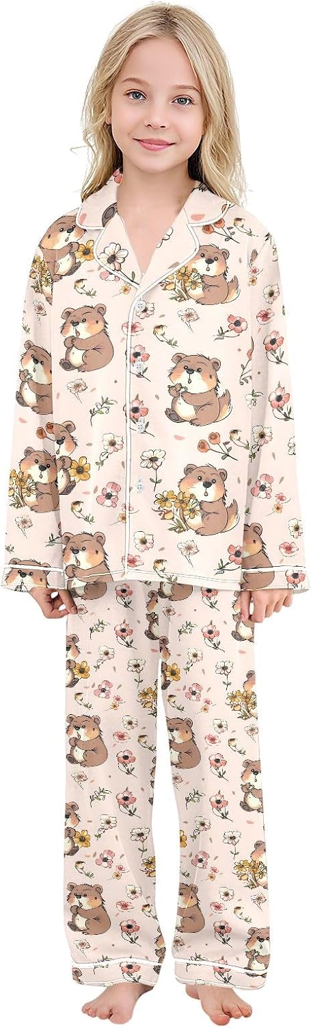 Kids Casual Satin Wear Set Groundhog Pink Flower Pattern Unisex Relaxed Fit Clothing