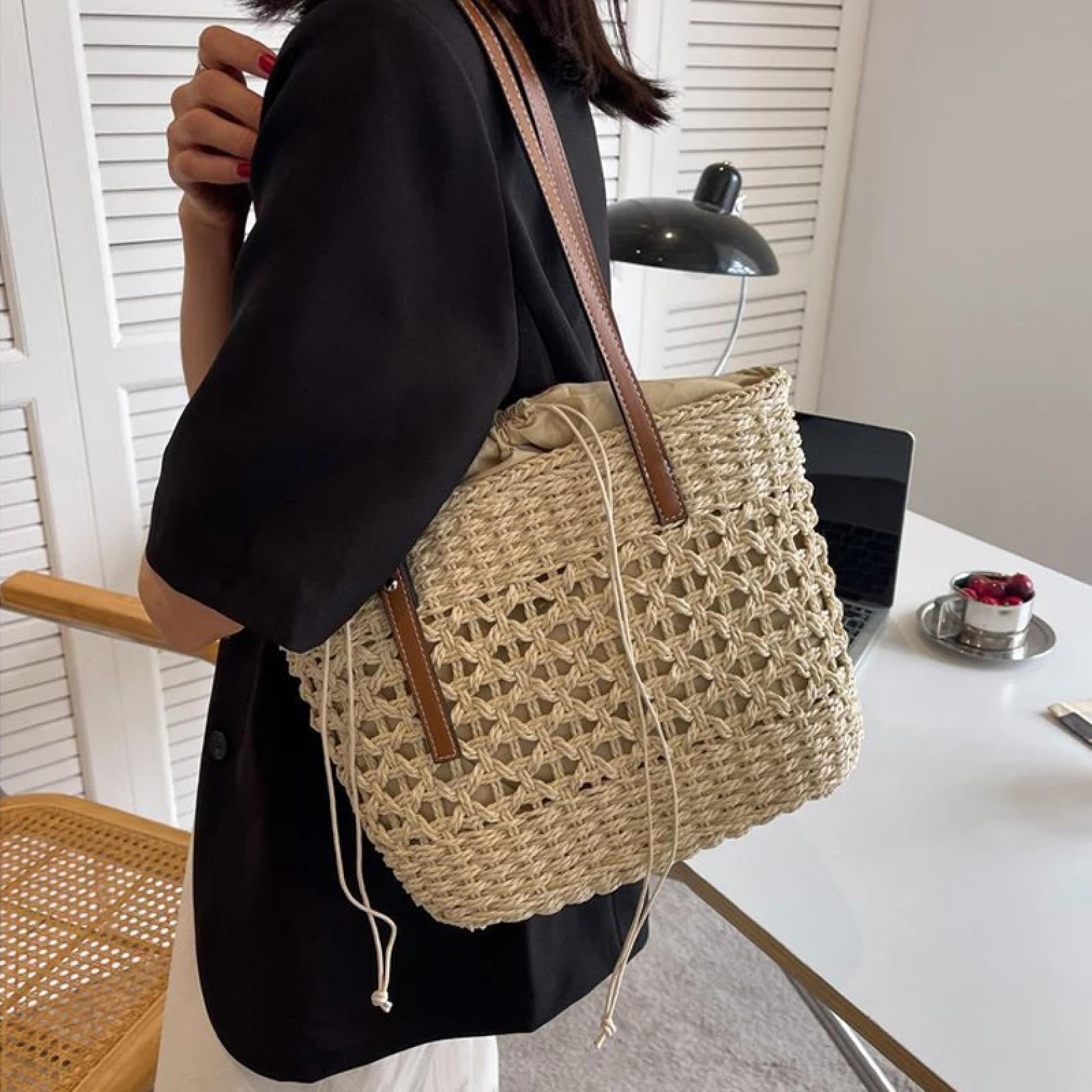Bolsa De Paja Bolsos Casuales De Paja para Mujer Bolsos De Hombro Tejidos De Mimbre Bolso De Paja De Playa Tote De Gran Capacidad Bolsos Grandes para Señora