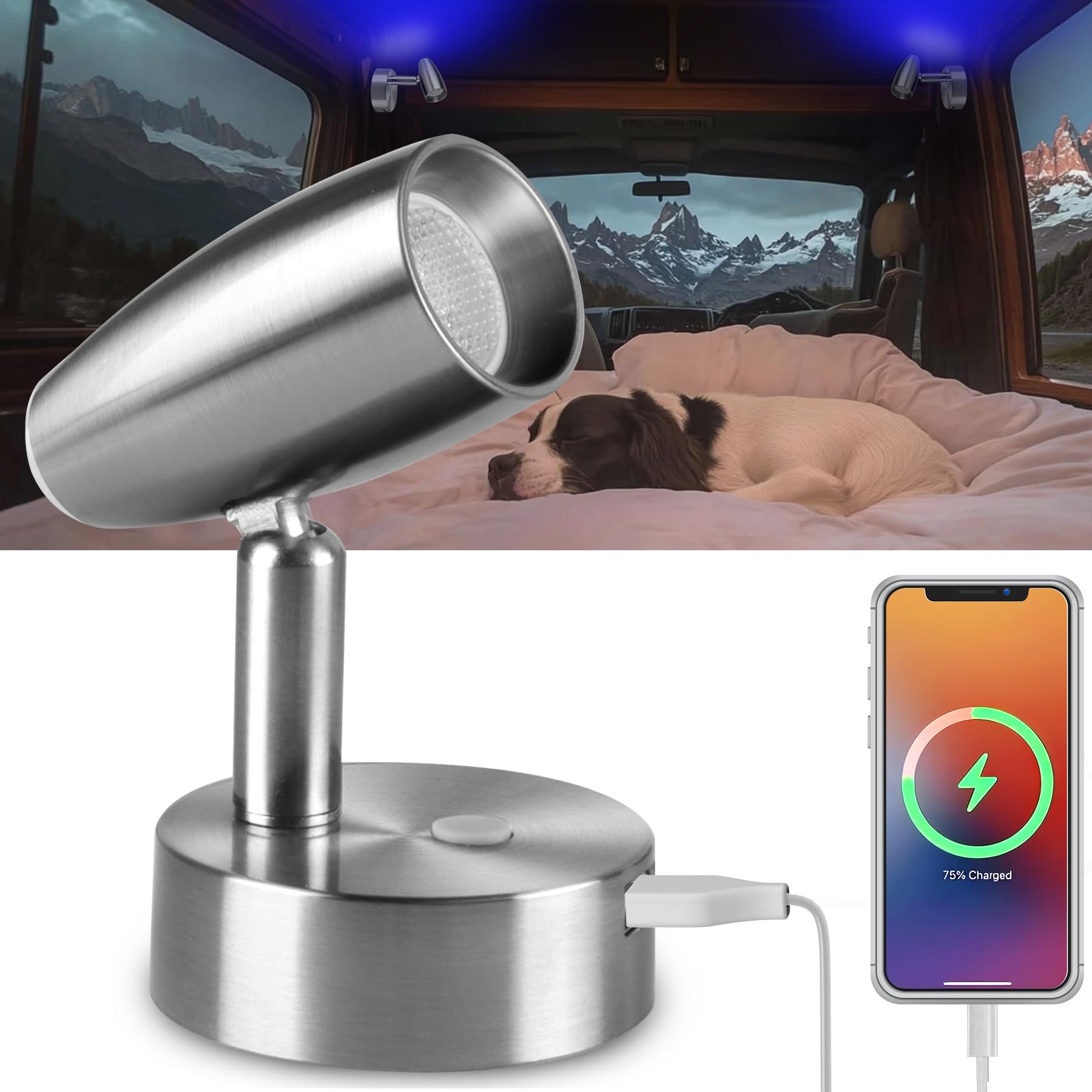 Lampe de Lecture 12V Camping-car avec Chargeur USB & Veilleuse bleue, LED Luminosité Réglable Applique Murale 3200K pour Bateau Caravane Voiture Van Chevet, Finition nickel