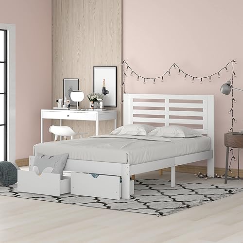 Miniatura 9 de SOHUSPHOME Cama de plataforma de madera con 2 cajones, marco de cama de plataforma de madera maciza con cabecera y estribo, no necesita somier,