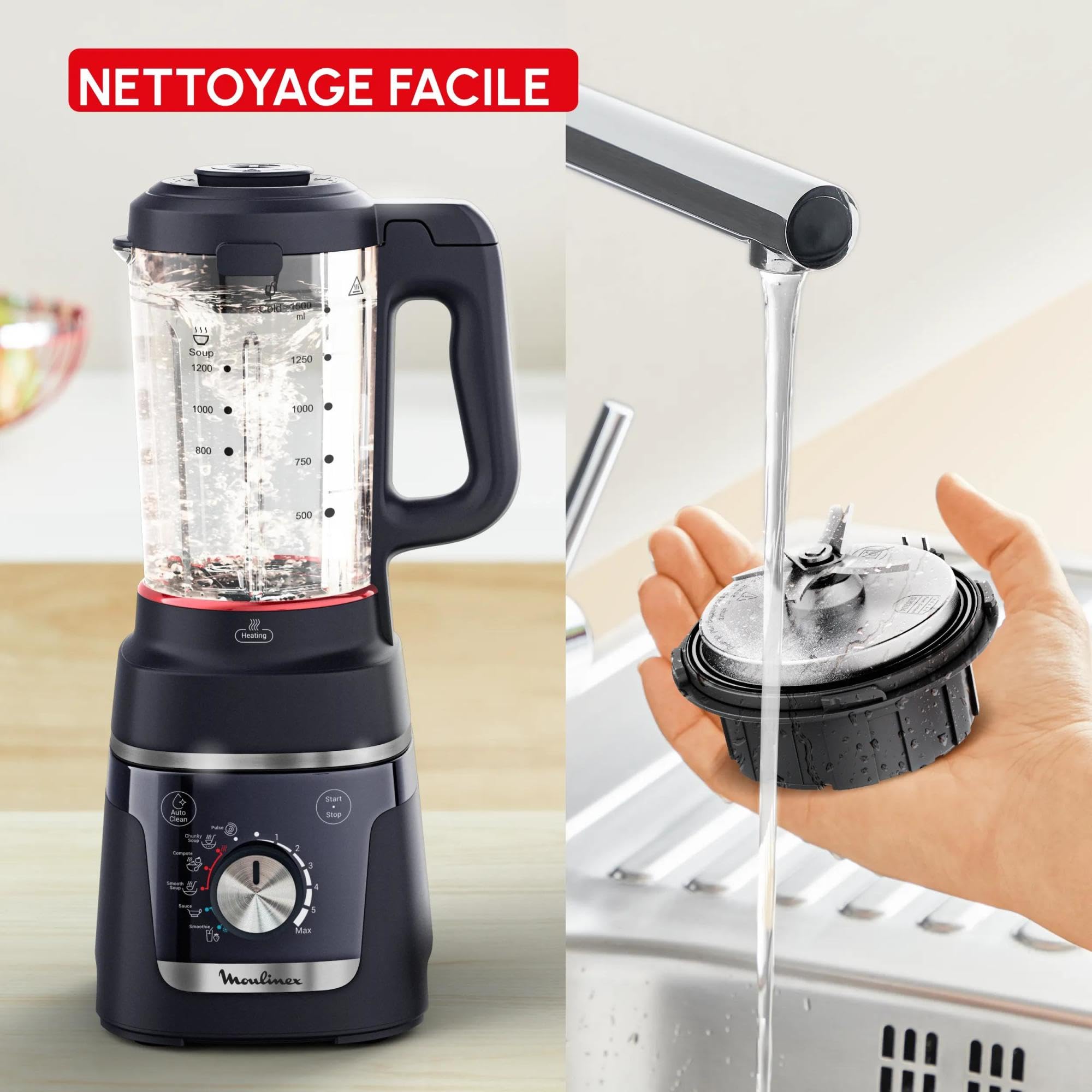 Moulinex Blendforce Cook, Blender chauffant, Recettes chaudes et froides, 5 programmes automatiques, 6 vitesses + Pulse, Bleu nuit, LM5768F0