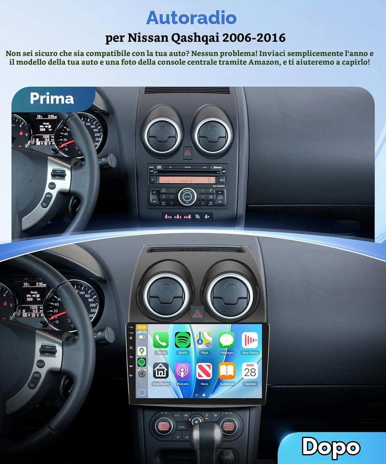 VECHTEL Autoradio 2+64G Android 15 per Nissan Qashqai J10 2006-2016, 9" IPS HD 2.5D Schermo Tactile Stereo Auto co DAB+ Carplay Android Auto senza Fili GPS WiFi Bluetooth HiFi Radio FM RDS Retrocamera