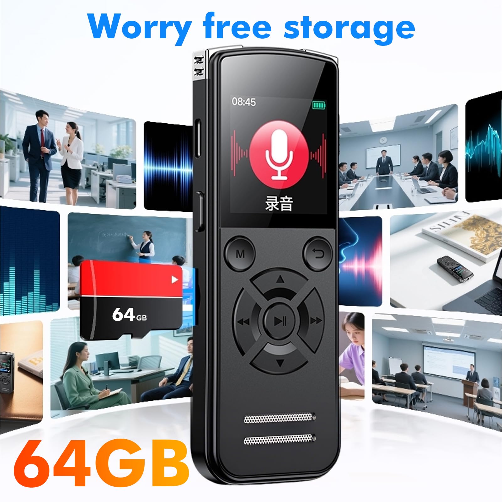 Digitales Diktiergerät 64GB, Tonbandgeräte Sprachrekorder mit Farbdisplay, One-Touch Aufnahme, Geräuschreduzierung, Wiederaufladbar über USB, Mini Diktiergerät für Meetings, Interviews & Vorträge