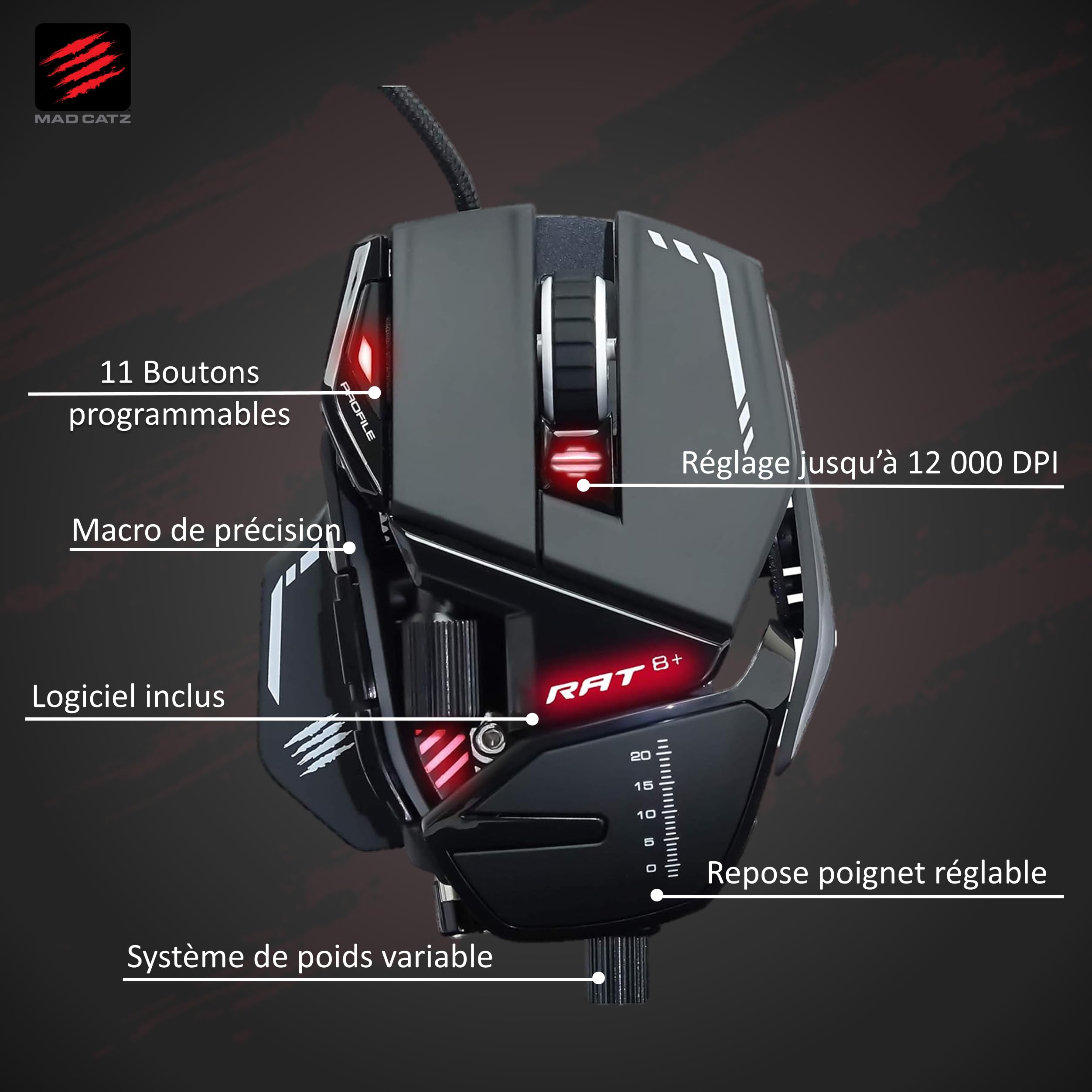 Mad Catz Rat 8+ Souris Gamer Filaire USB - Souris Ergonomique 11 Boutons Programmables - Capteur Optique Pixart3389 16000 DPI - Souris Gaming Pour PC Noir Avec Led Rouge Et Repose Poignet Reglable