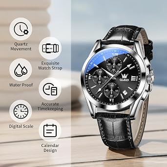 OLEVS Men's Waterproof Chronograph Watch Leather Strap Quartz Wristwatch Multi-Function Dial with Date Luminous Business Watches for Men