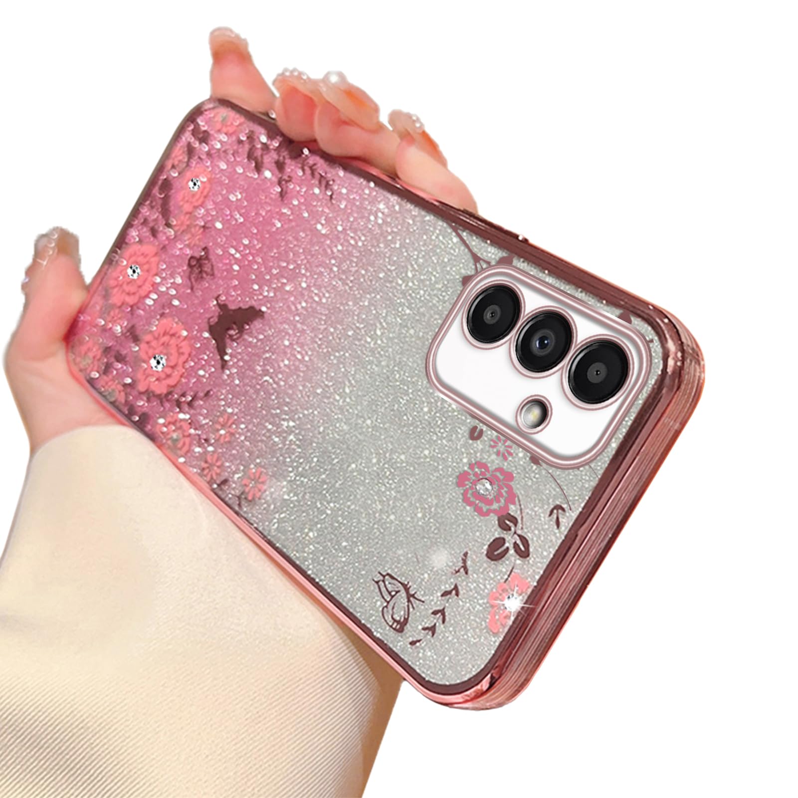 for Samsung Galaxy A13 5G Case, a13 Phone Case for Women Gradual Change Glitter Crystal Soft TPU Stylish Butterfly Floral Heart Clear Protective Cover with Strap for Galaxy A13 5G,Rose Gold