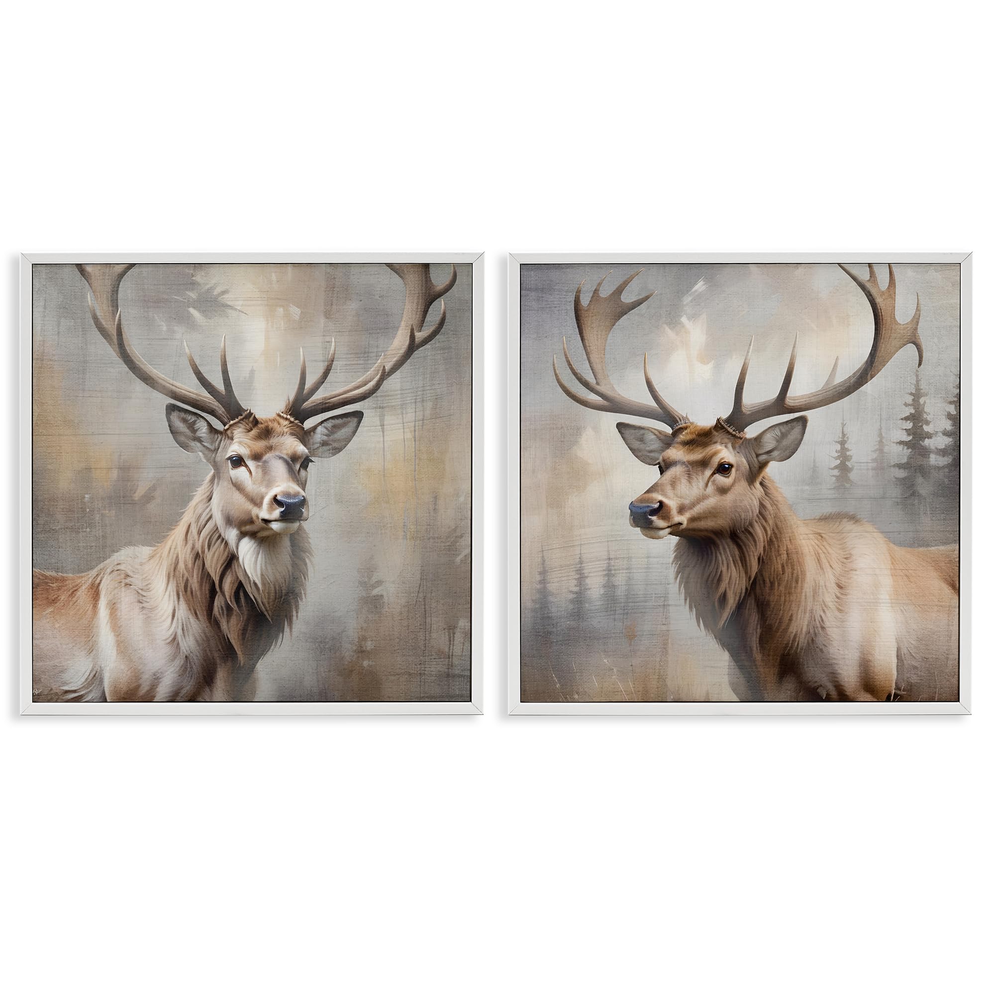 Stupell Industries Coastal White (Textured) Glancing Forest Stags Rustic, 12 X 12 Inch Framed Giclée Print Set