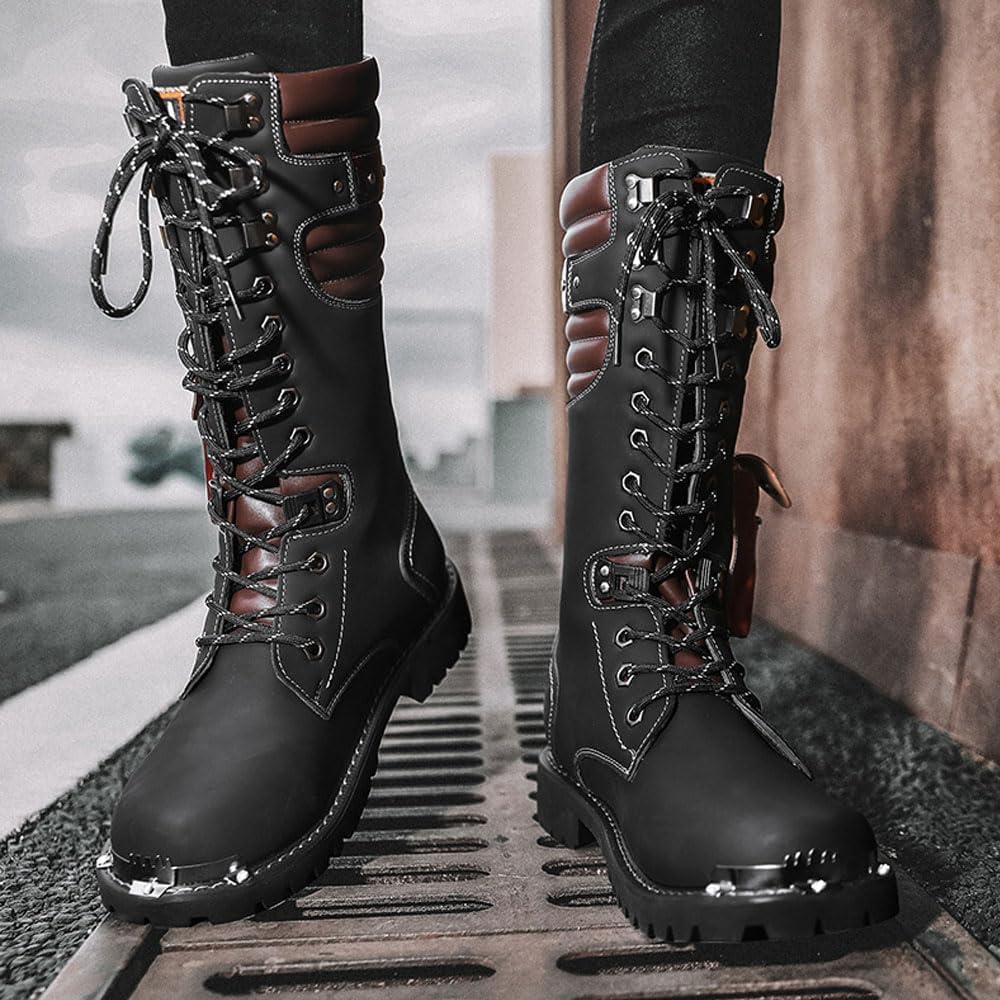 Stivali da equitazione per gli uomini, stivali da cavaliere in pelle PU, scarpe da equitazione militari con lacci all'aperto