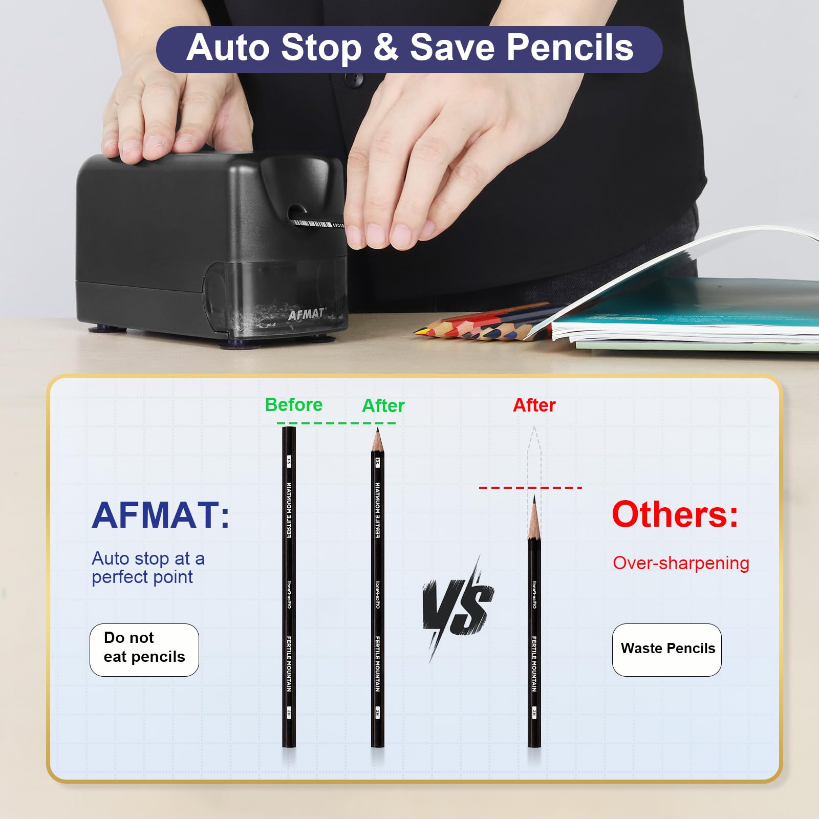 AFMAT Temperamatite elettrico ad alte prestazioni, auto-stop ricaricabile con contenitore per penne da 6 a 11 mm, punta rapida in 2 secondi, 10.000 punte, nero