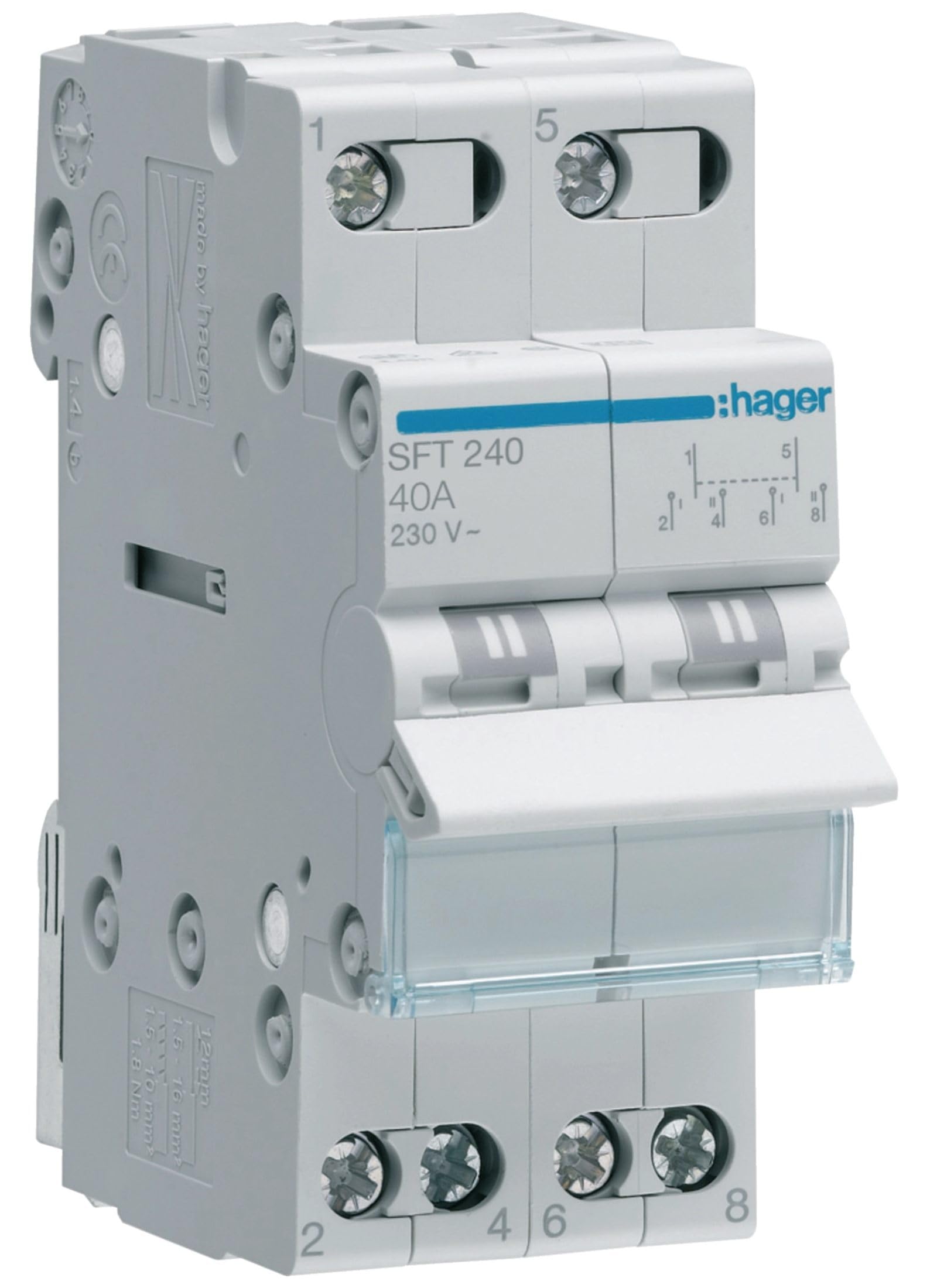 Hager SFT240 Wechselschalter 2-polig 2P 40A mittig Aus Fusskontakt oben ( SFT 240 )