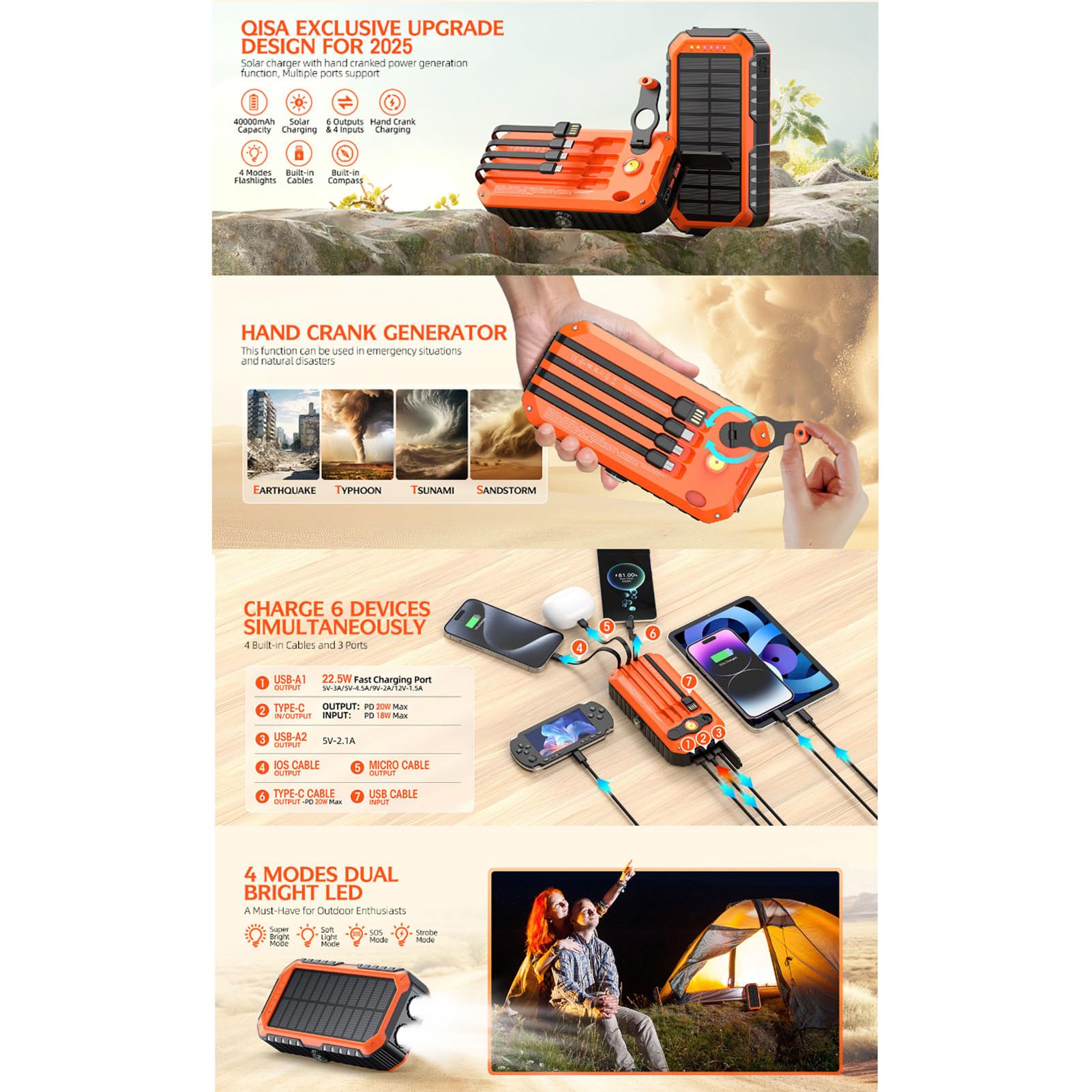 Power Bank Solare 20000mAh Modalità con Torcia | Power Bank Solare con Manovella Per Campeggio, Escursioni, Viaggi, Gite in Auto, Pesca, Backpacking, Festival Musicali
