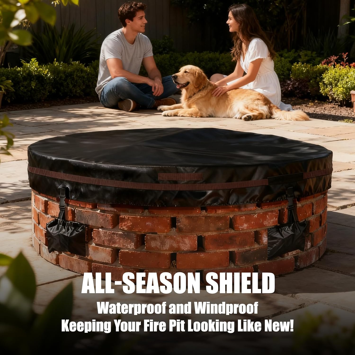 Outdoor Round Fire Pit Cover 51x9.5" Waterproof Tear-Resistant 600D Oxford PU Coated for 48–50" Built-In or In-Ground Stone Fire Pits, Heavy Duty All-Season Protection for Outdoor Fireplaces