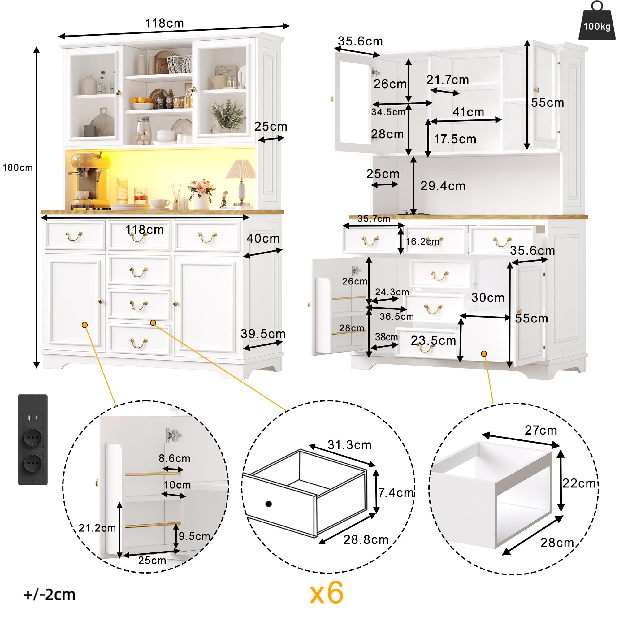 Küchenschrank Hochschrank mit LED,Buffetschrank Esszimmerschrank mit USB-Anschlüssen & Steckdosen,Küche Aufbewahrungsschrank mit Snackregaltüren & Standorte der Mülleimer,118×39.5×180cm