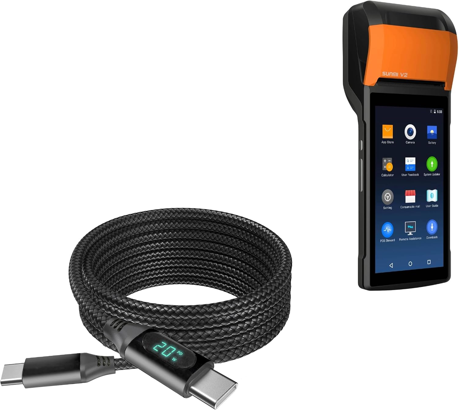 BoxWave Cable Compatible with Sunmi V2 - PowerDisplay PD Cable (6ft) - USB-C to USB-C (100W), LED Wattage Info Extra Long Braided Nylon - Jet Black