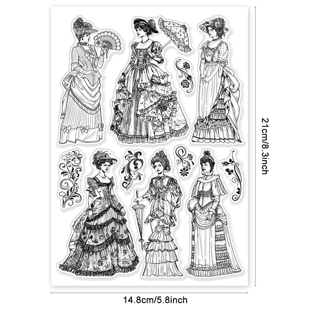 GLOBLELAND Timbri Trasparenti Vintage Donna Vittoriana - 14,8x21 Cm - Per Scrapbooking, Card Making E Album Fai Da Te