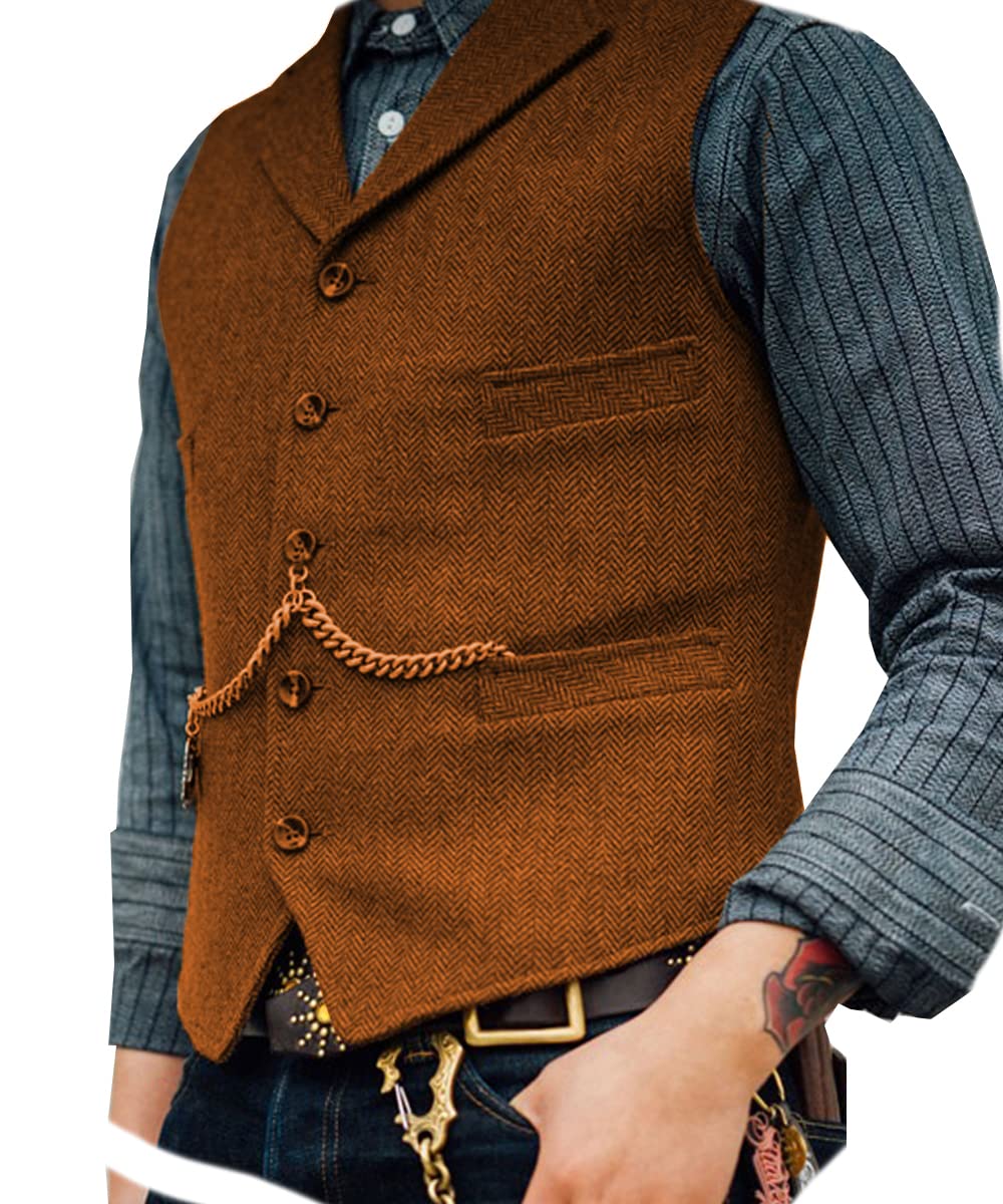 Ceehuteey Mens Suit Vest Waistcoat Tweed Retro V Neck Wool Herringbone for Prom, Orange, XX-L
