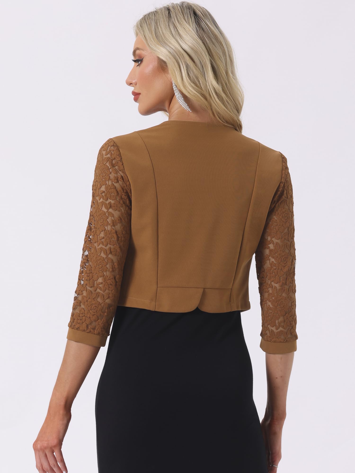 Allegra K Donna Abito Cardigan Pannello in Pizzo Aperto sul Davanti Manica Lunga Lavoro Ufficio Crop Bolero Coprispalle