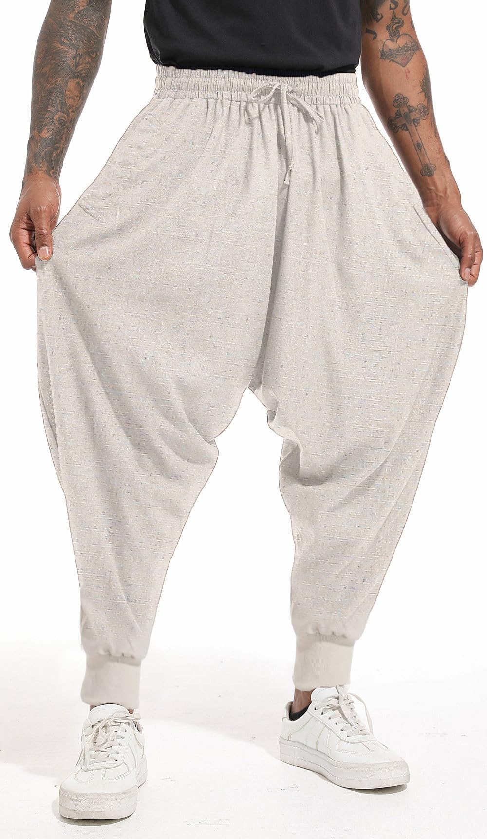 AITFINEISM, Pantaloni harem da uomo, comodi, con vita elasticizzata, alla moda, in tinta unita, casual, in stile hippie, per yoga