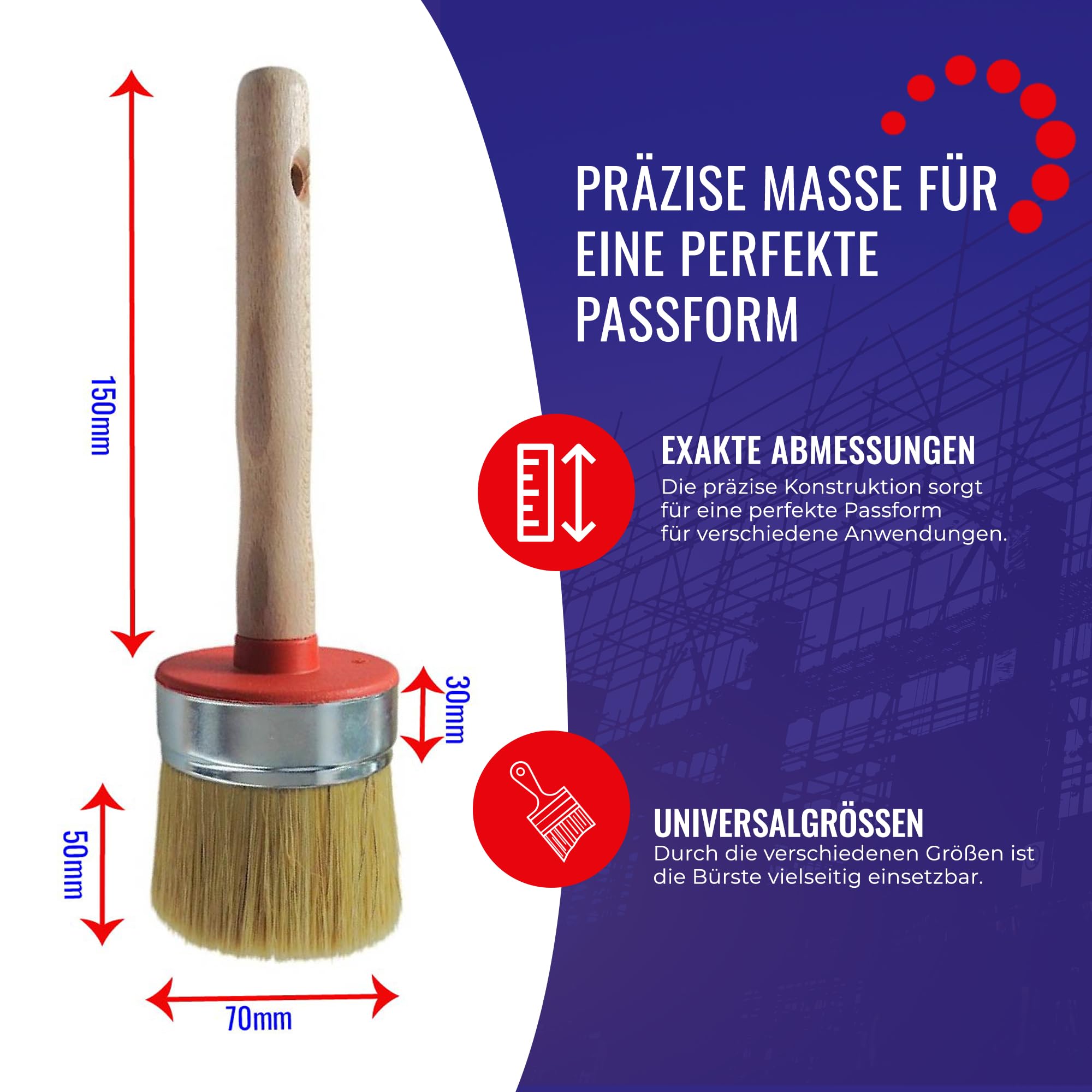 Chle-Mar 5X Wiederverwendbarer Rundpinsel mit Holzgriff 70mm