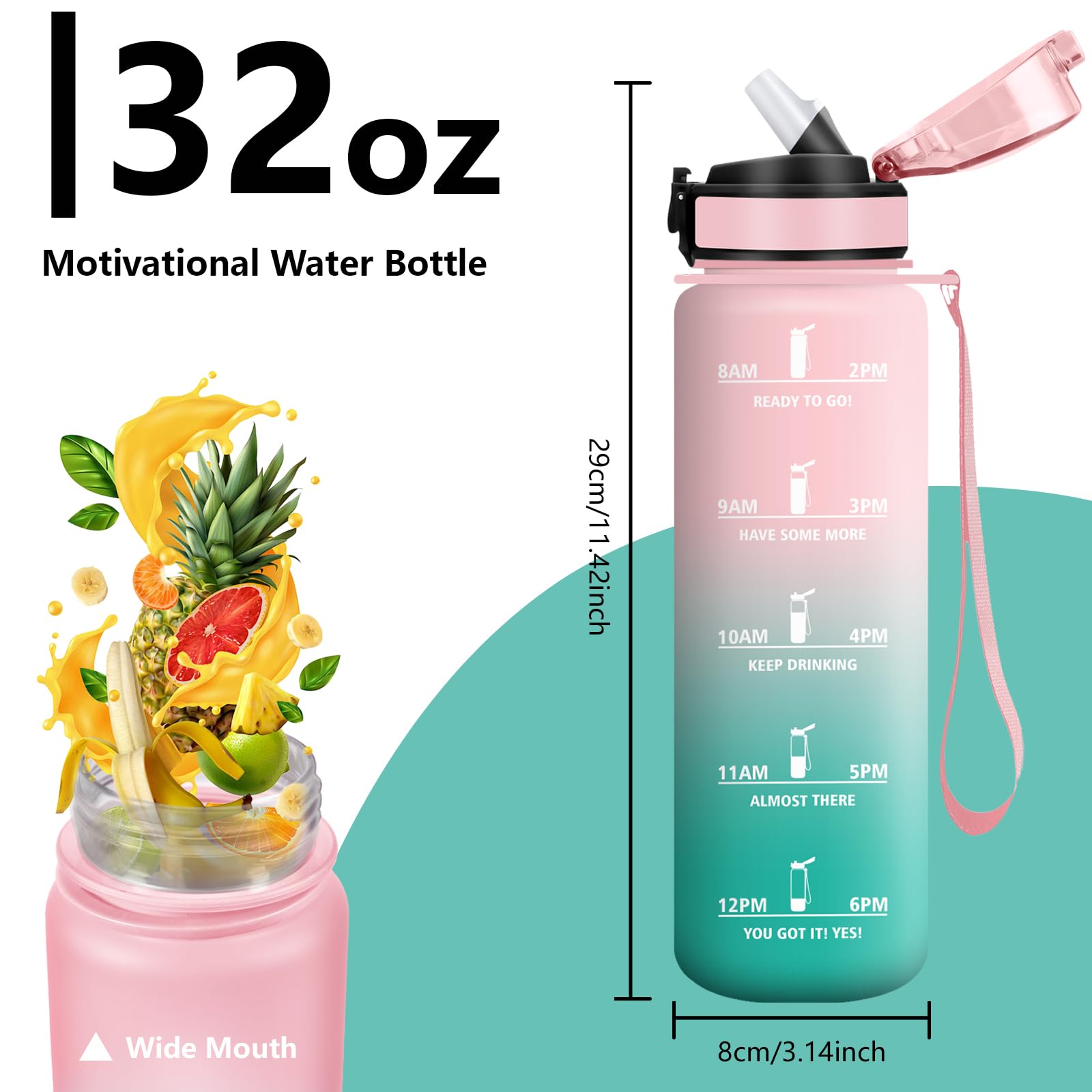 Grsta Borraccia 1 litro, Senza Perdite Borraccie Palestra, con Indicatore del Tempo, Borracce con Cannuccia, Bottiglia Motivazionale per Scuola, Fitness, Campeggio