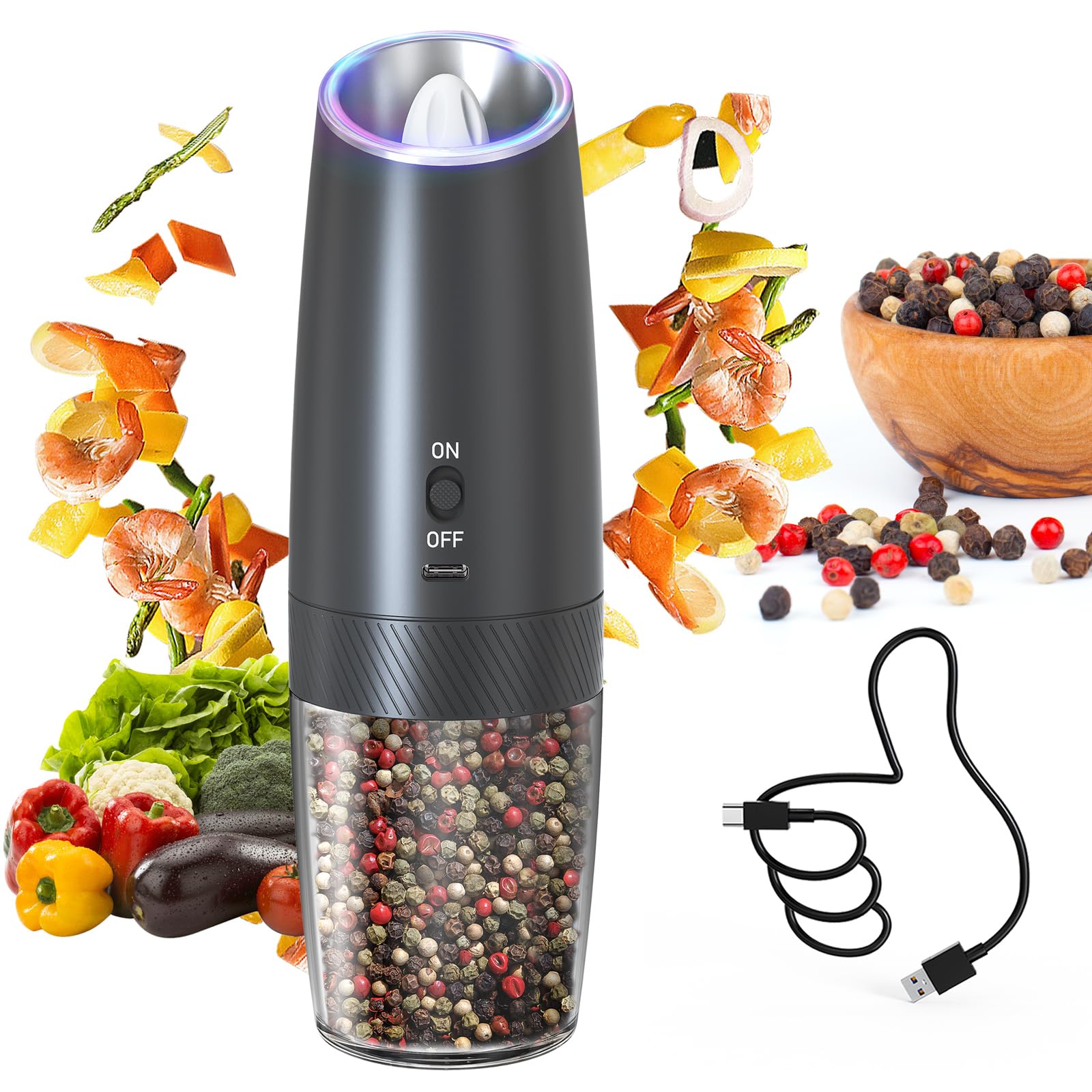 CIRCLE JOY Electric Salt and Pepper Grinder Rechargeable Gravity Pepper Mill with Power On Switch, Adjustable Coarseness, One Hand Operation Automatic Grindering Usb Rechargeable Gravity Pepper Mill - Single