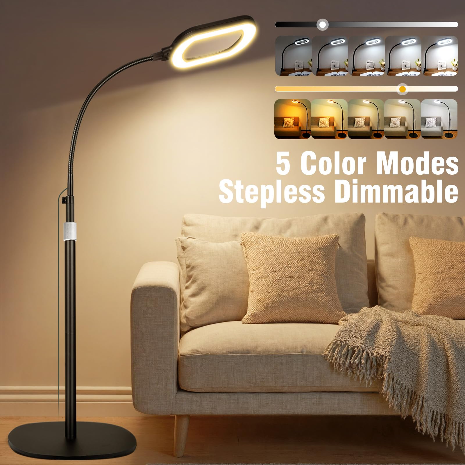 Lupa grande con luz y soporte, lente de vidrio óptico rectangular de 15X, lámpara de pie de lupa de cuello de cisne ajustable en altura, 5 modos de color, LED regulable, manos libres para trabajos