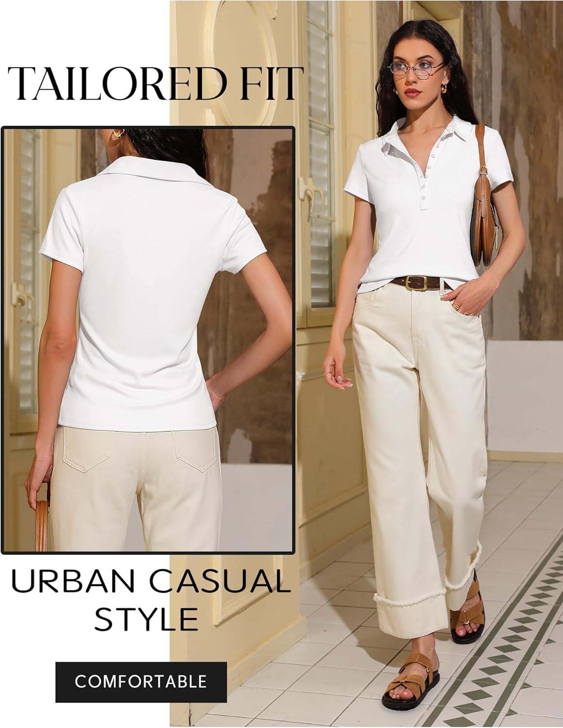 Prettywear Womens Short Sleeve V Neck Polo Shirts Dressy Casual Work Collared Button Summer Slim Fit Tops - Image 6