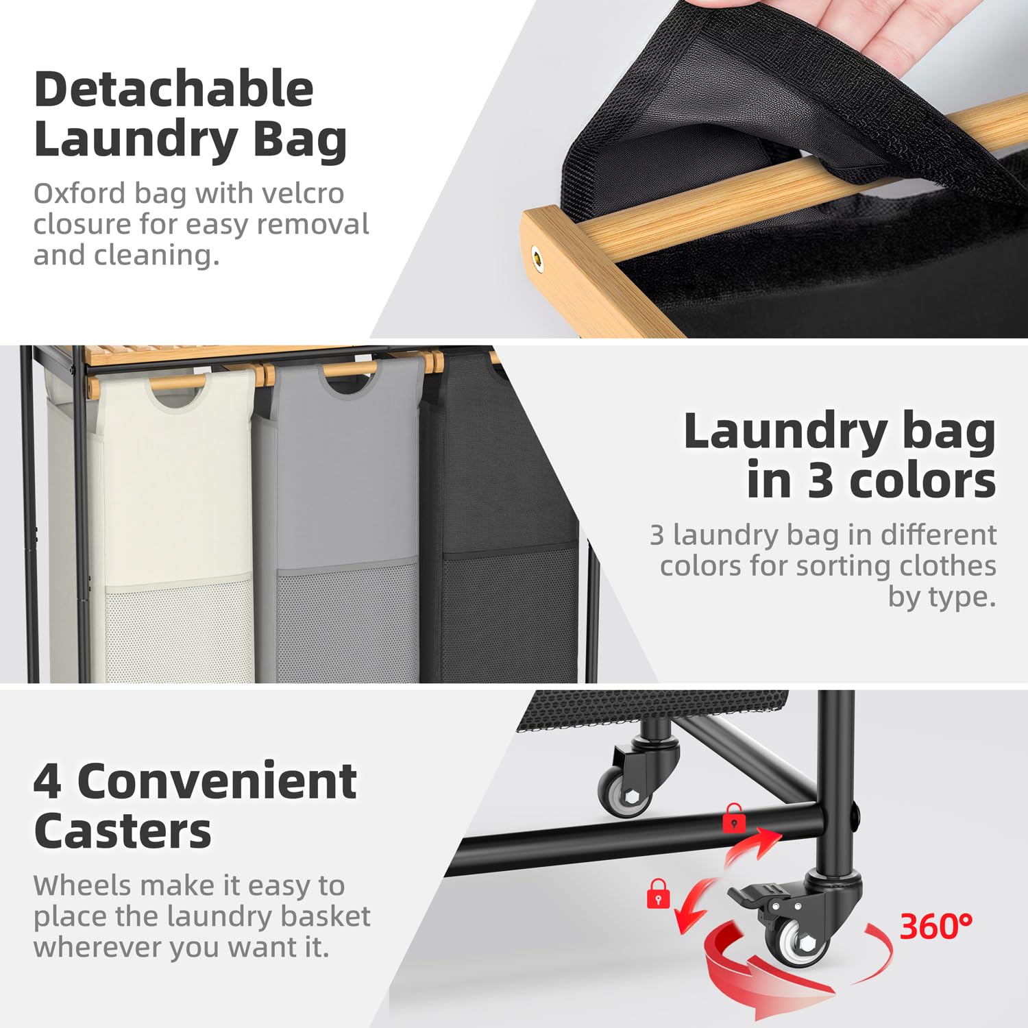 Cesto portabiancheria a 3 sezioni, con ripiano rimovibile e borse estraibili, cesto per vestiti con ruote, cesto per lavanderia e bagno, 3 x 40 l (nero, bianco, grigio)