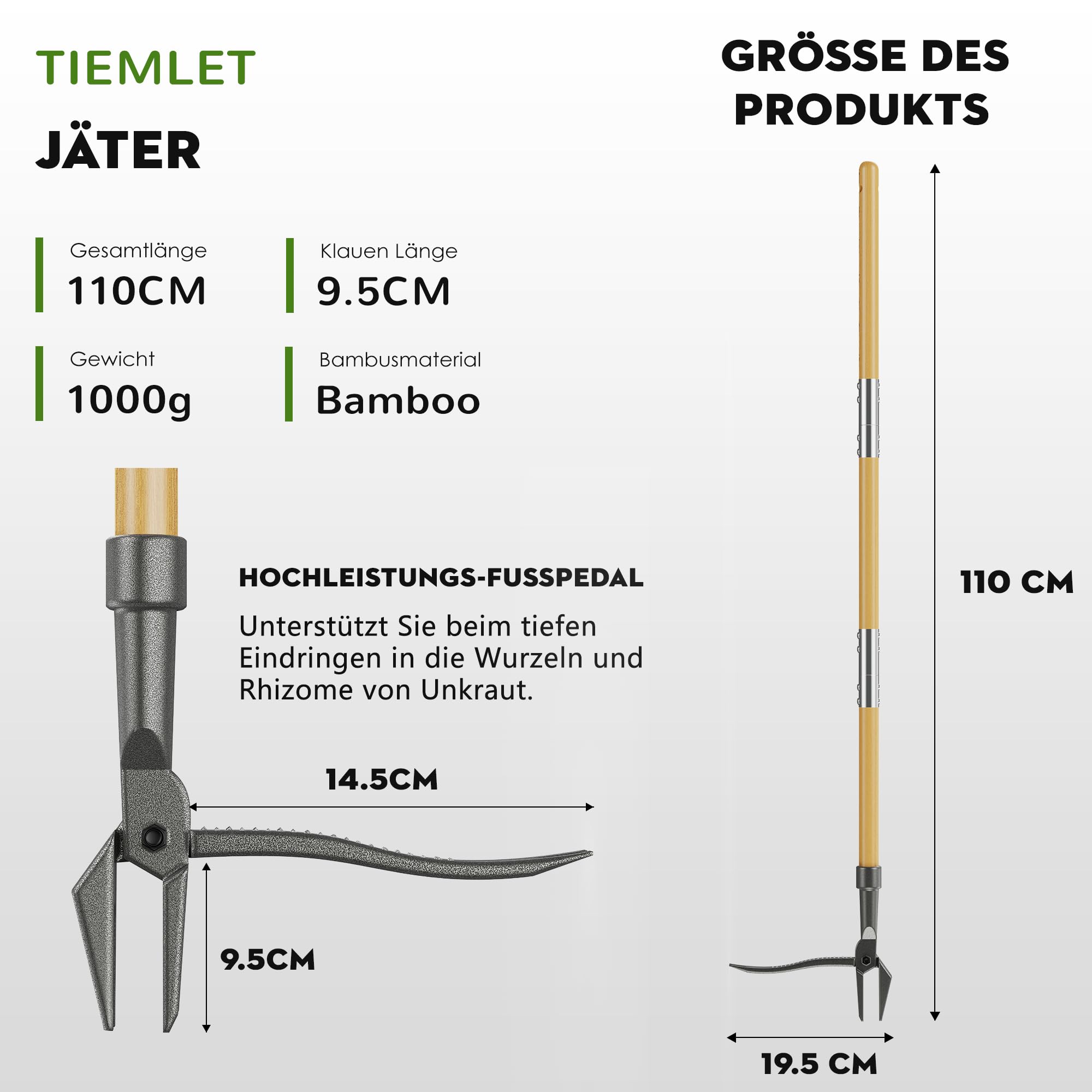 Désherbeur à long manche et pédale (110 cm), avec 2 griffes en acier inoxydable, outil de jardinage démontable, pour pissenlits et chardons dans le jardin