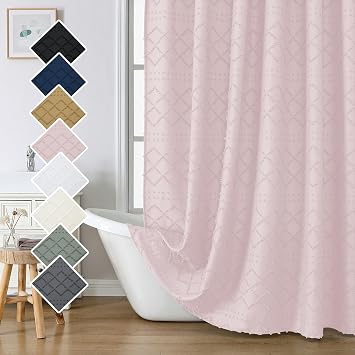 Lecloud Blush Pink Boho Shower Curtain 72x84 Inches, Modern Plaid Stripes Cloth Shower Curtain for Bathroom, Chic Tufted Textured Jacquard Farmhouse Fabric Shower Curtain