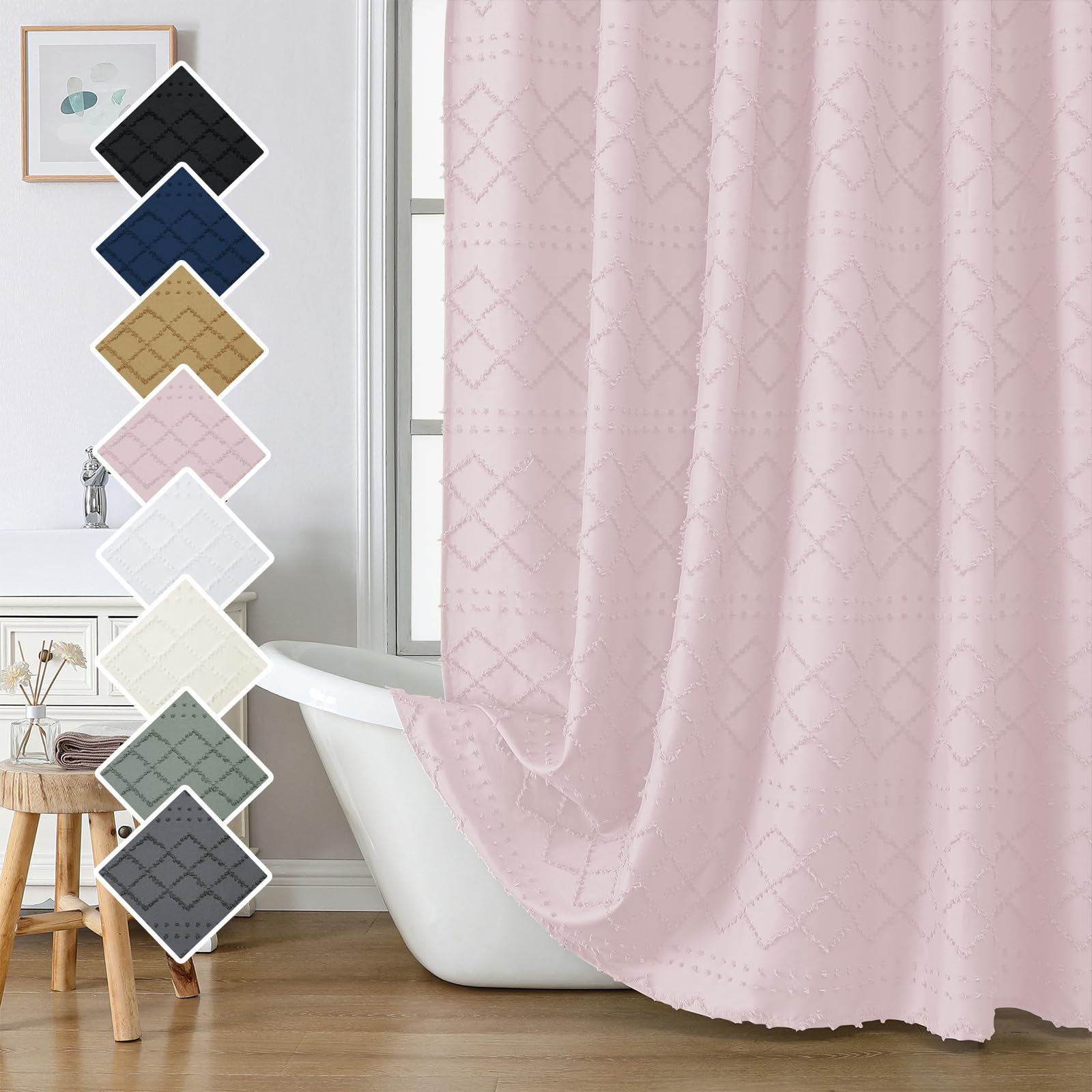 Lecloud Blush Pink Boho Shower Curtain 72x84 Inches, Modern Plaid Stripes Cloth Shower Curtain for Bathroom, Chic Tufted Textured Jacquard Farmhouse Fabric Shower Curtain