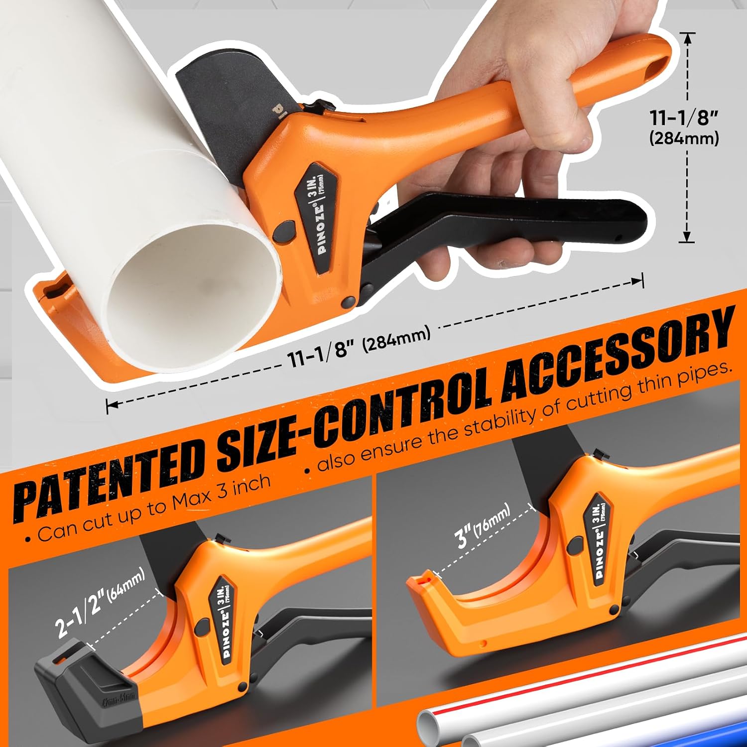 PINOZE PVC Pipe Cutter - 3 Inch Max Opening, Heavy-Duty Ratchet Pipe Cutter Tool with Stabilizer for PVC, PPR, PE, PEX, Plastic Hoses & Plumbing Pipes with Teflon Coated SK5 Blade