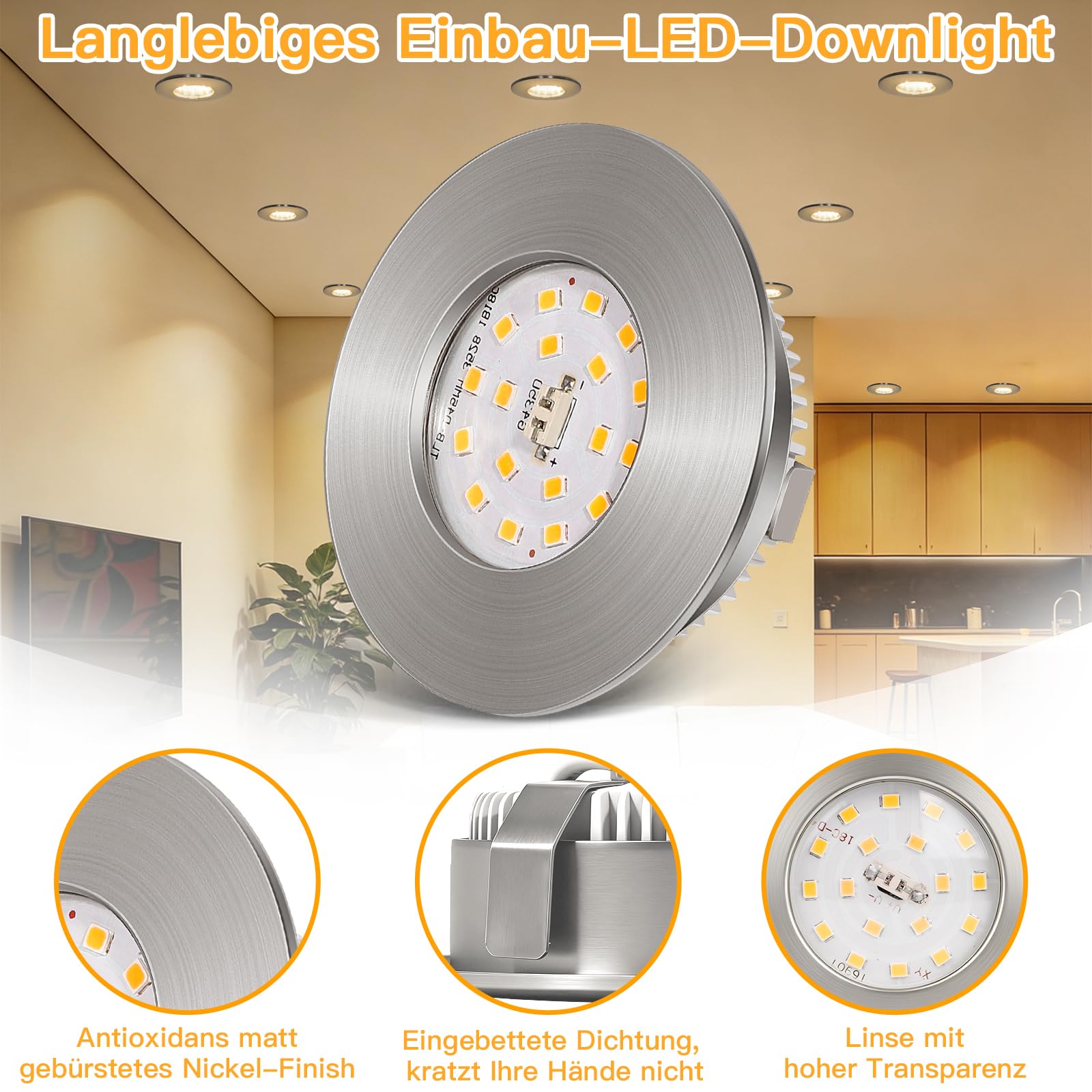 LED Einbaustrahler 230V 60-65mm Ultra Flach 6W IP44 LED Einbauleuchten Deckenspots 3000K Warmweiß, LED Spots Badezimmer Matt Nickel 6er Set, für Badezimmer Küche Wohnzimmer